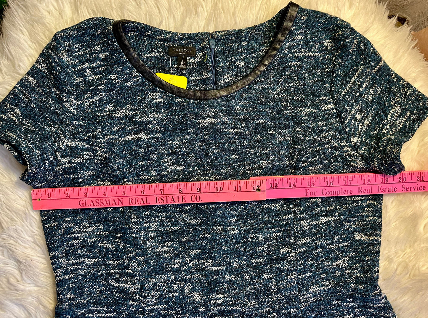 Talbots Blue Tweed Knit Dress Size 16 Faux Leather Trim Short Sleeve Fit & Flare