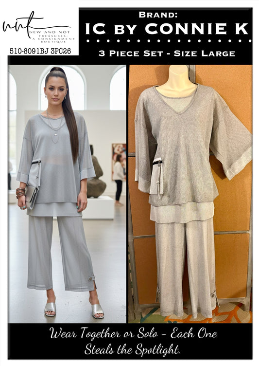 IC by Connie K Silver Mesh 3-Piece Oversized Lounge Set L | Top & Lined Pants