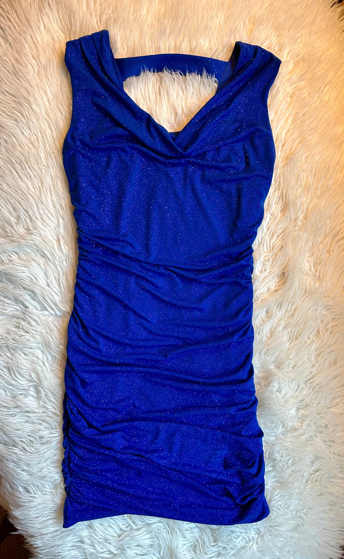 Sweet Storm Royal Blue Sparkle Ruched Mini Dress – Size Large