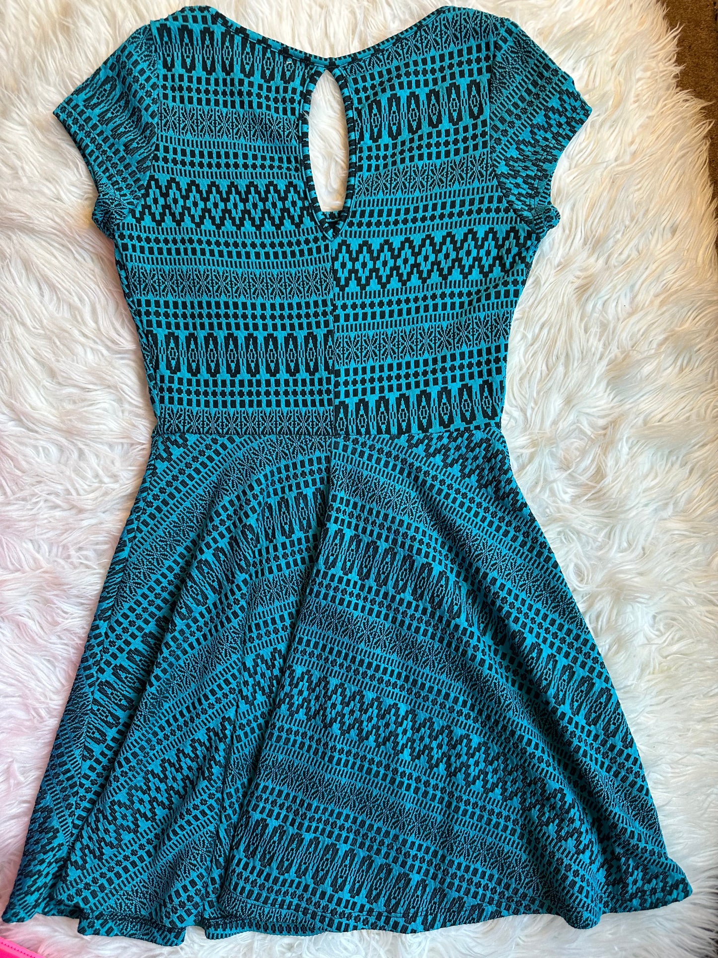 Banana Lemon Blue Black Aztec Print Fit & Flare Cap Sleeve Dress Women’s Small