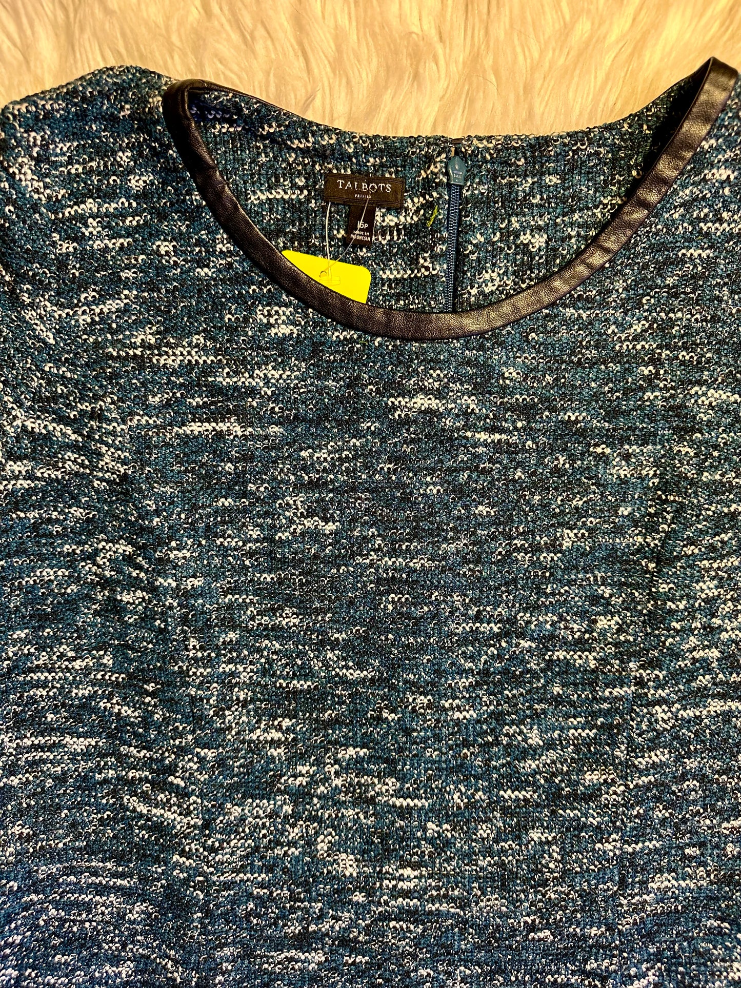 Talbots Blue Tweed Knit Dress Size 16 Faux Leather Trim Short Sleeve Fit & Flare