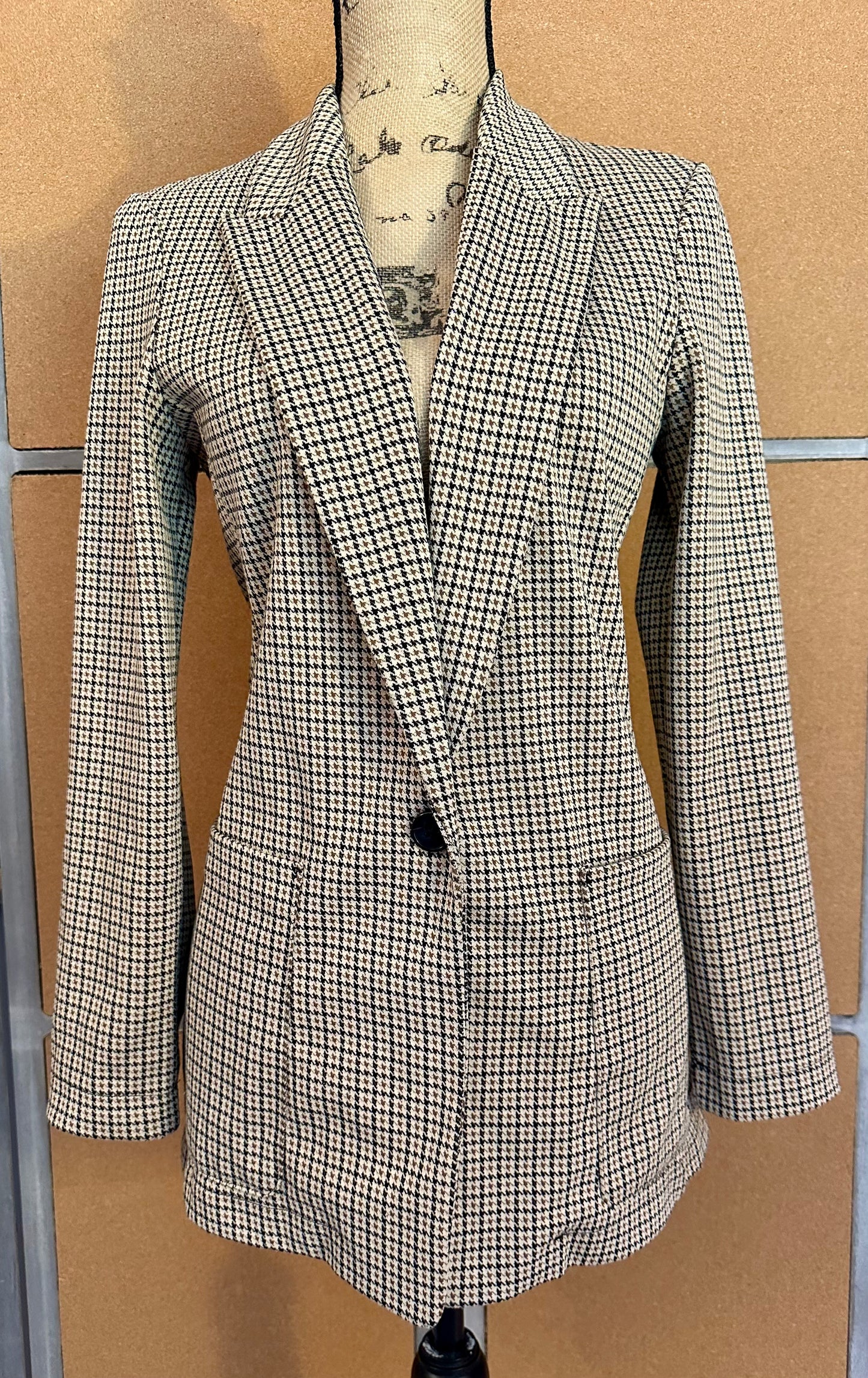 H&M Brown Black Houndstooth Stretch Knit Blazer One Button Unlined Size 4