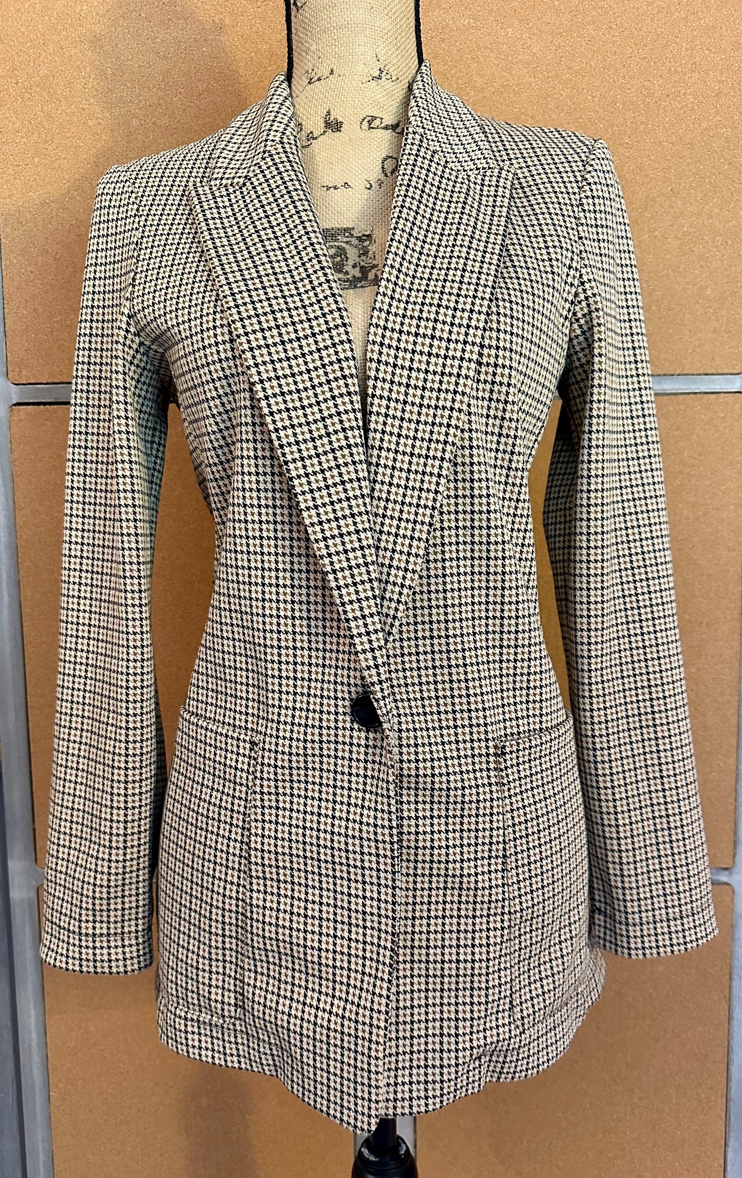 H&M Brown Black Houndstooth Stretch Knit Blazer One Button Unlined Size 4