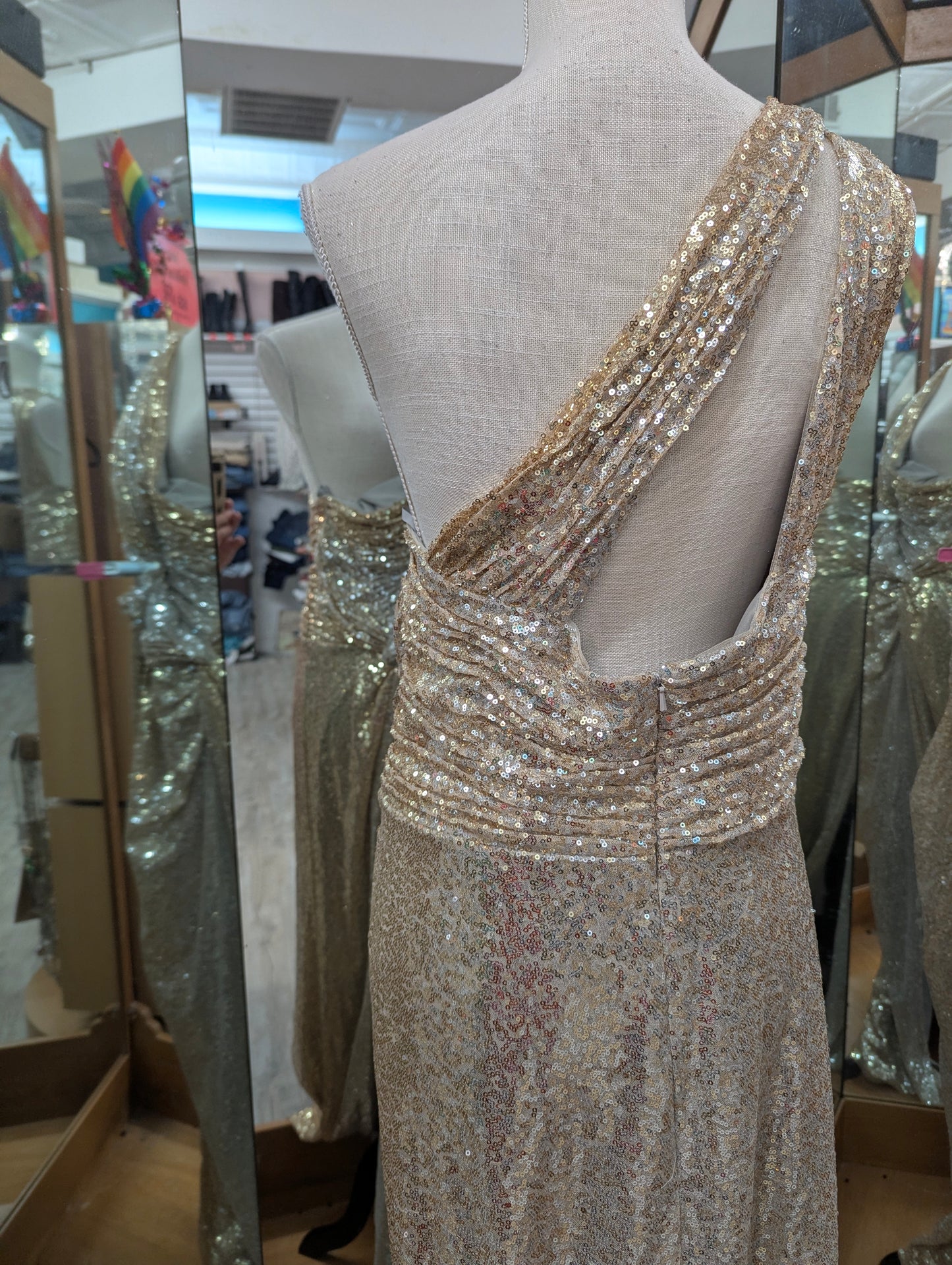 Rene Ruiz Gold and Silver Ombre One Shoulder Gown in 18