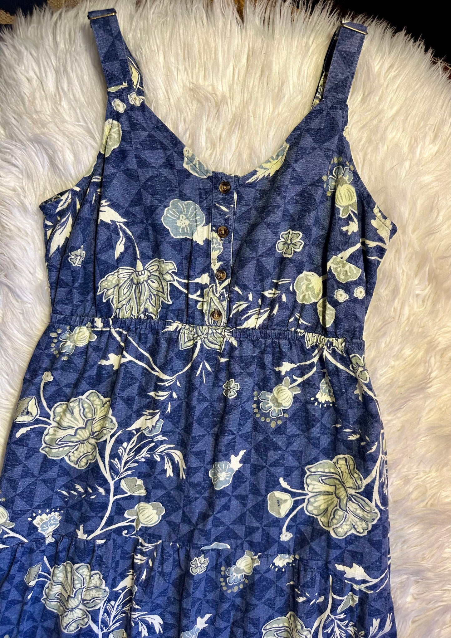 Sonoma Blue Floral Midi Dress Small – Tiered Hi-Lo Hem, Pockets, Adjustable Straps