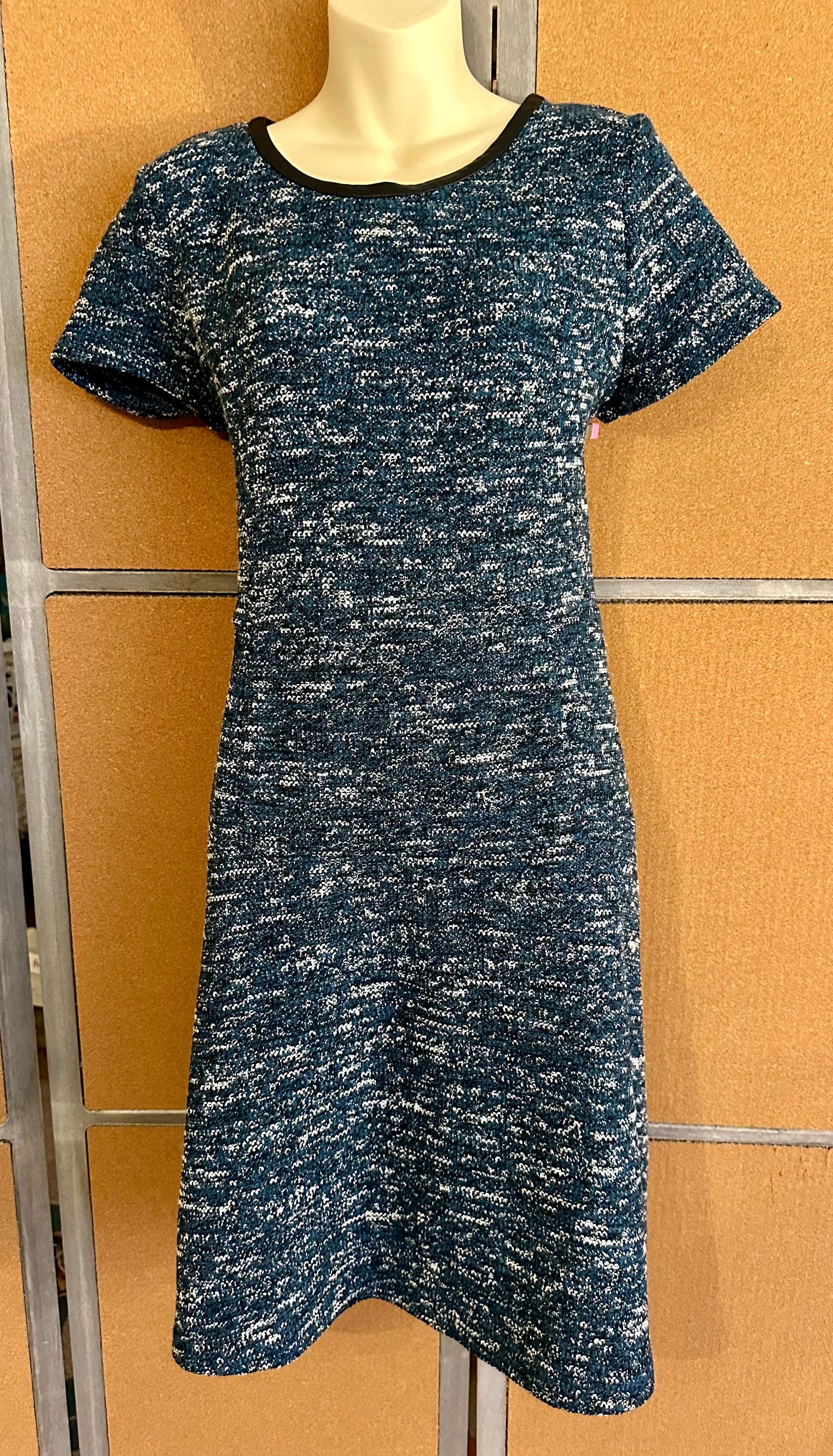 Talbots Blue Tweed Knit Dress Size 16 Faux Leather Trim Short Sleeve Fit & Flare