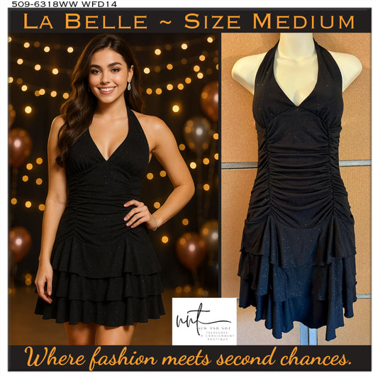 La Belle Vintage Y2K Black Glitter Ruched Halter Tiered Dress Medium Homecoming
