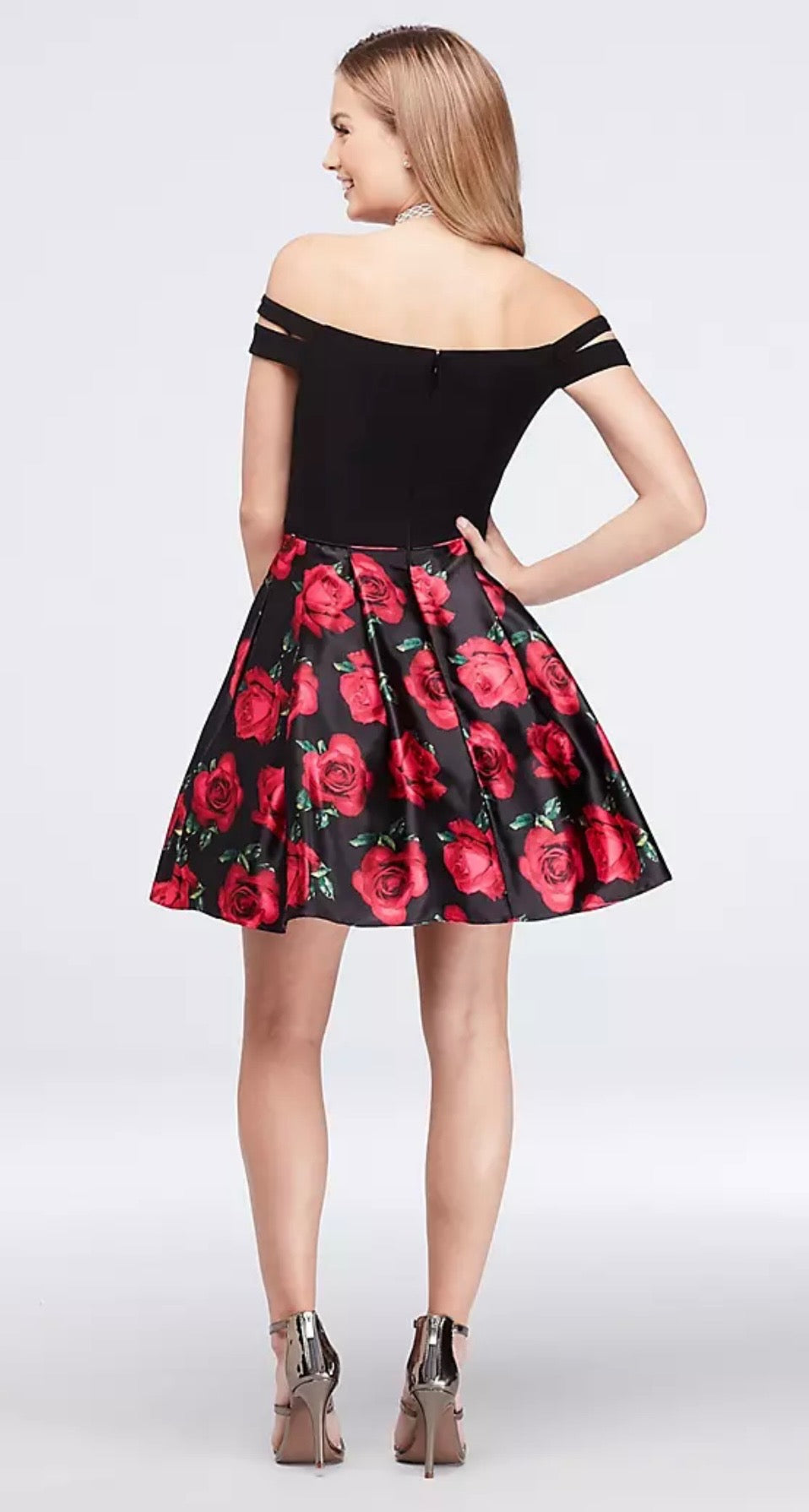 Blondie Nites Black Red Rose Charmeuse Off Shoulder Fit & Flare Dress Size 0