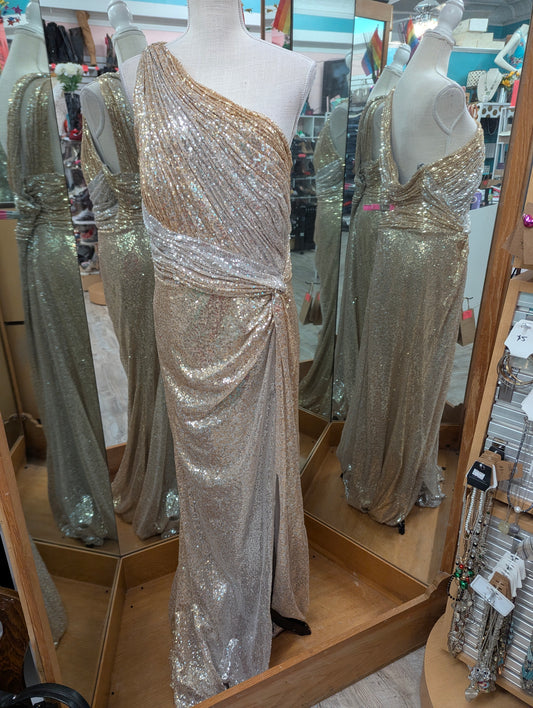 Rene Ruiz Gold and Silver Ombre One Shoulder Gown in 18