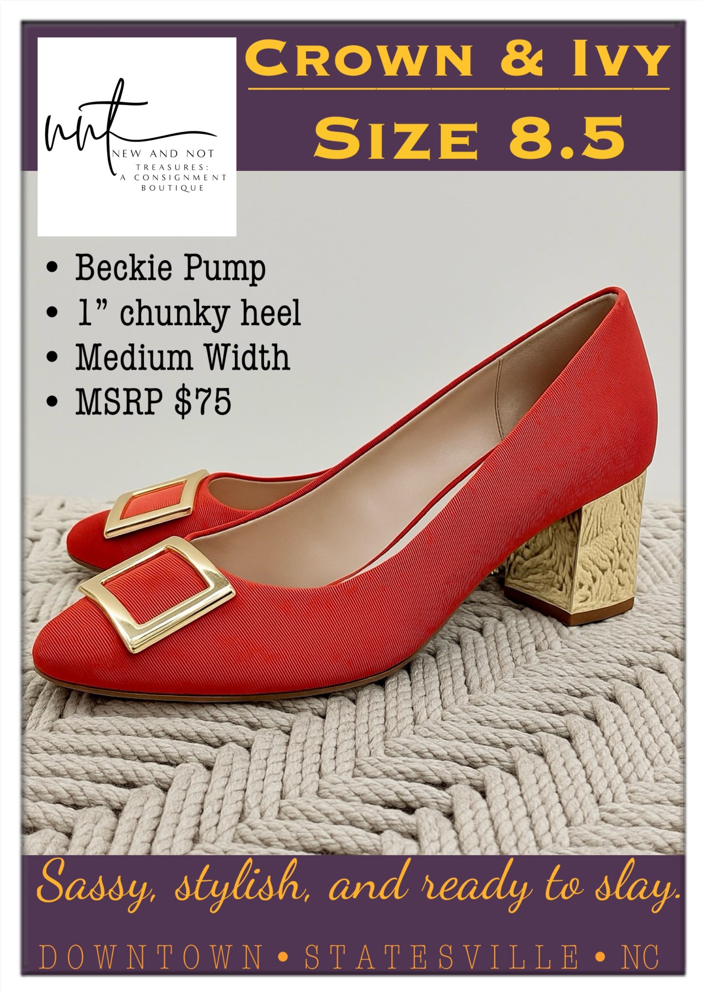 Crown & Ivy Beckie Pump in Coastal Red and Gold Heel Buckle Size 8.5.