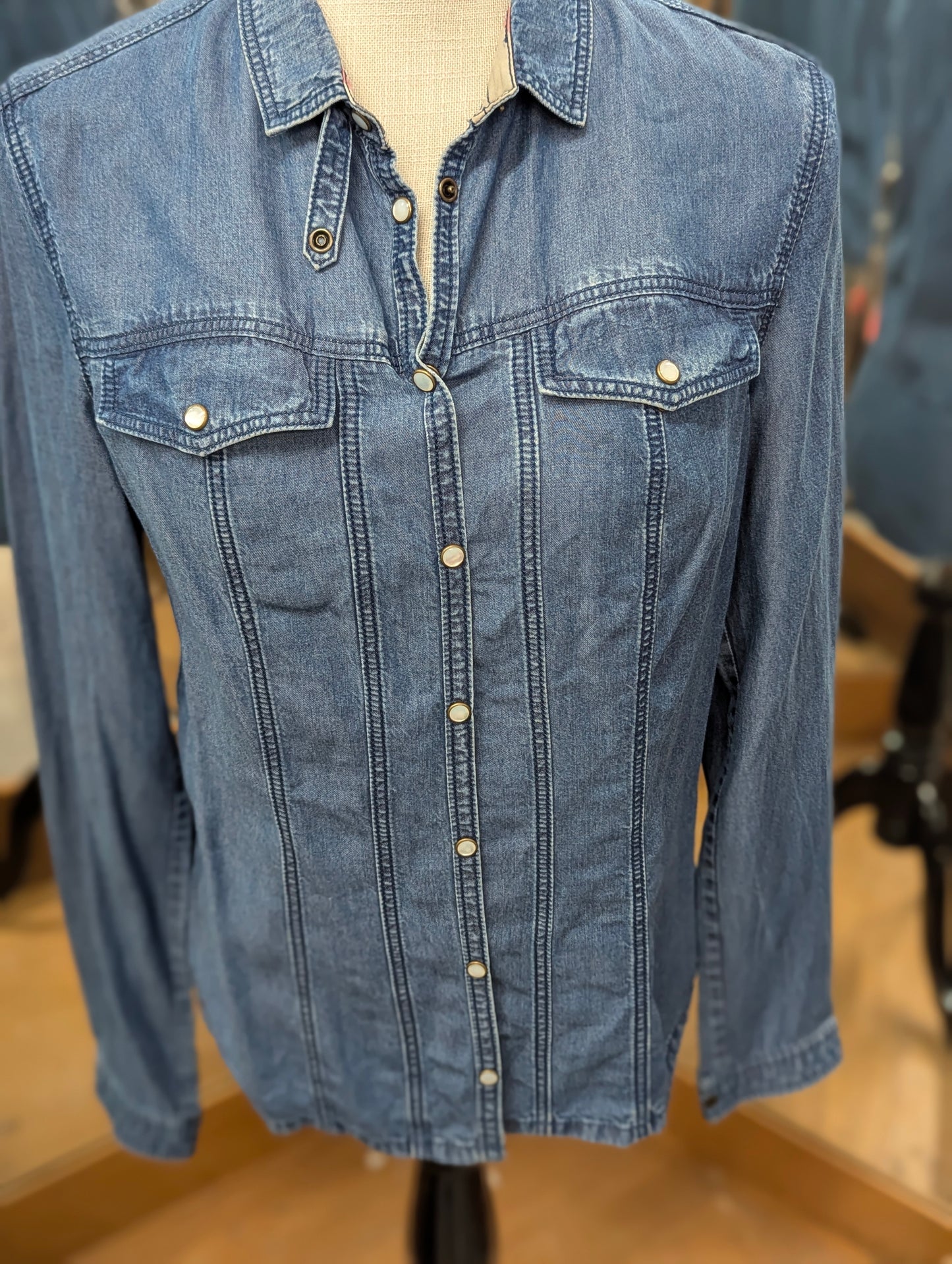 Burberry Brit Pearl Snap Denim Top in S