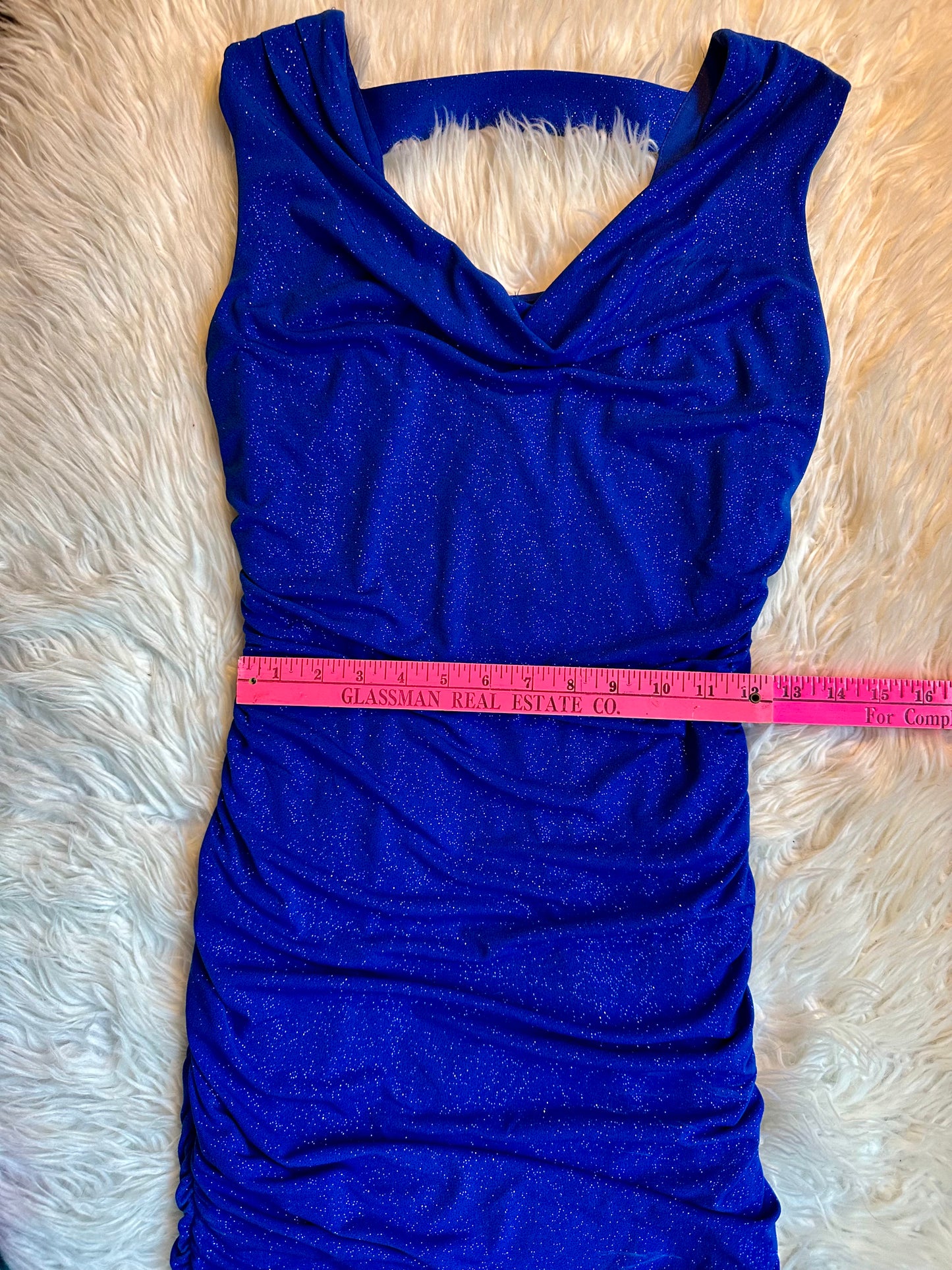 Sweet Storm Royal Blue Sparkle Ruched Mini Dress – Size Large