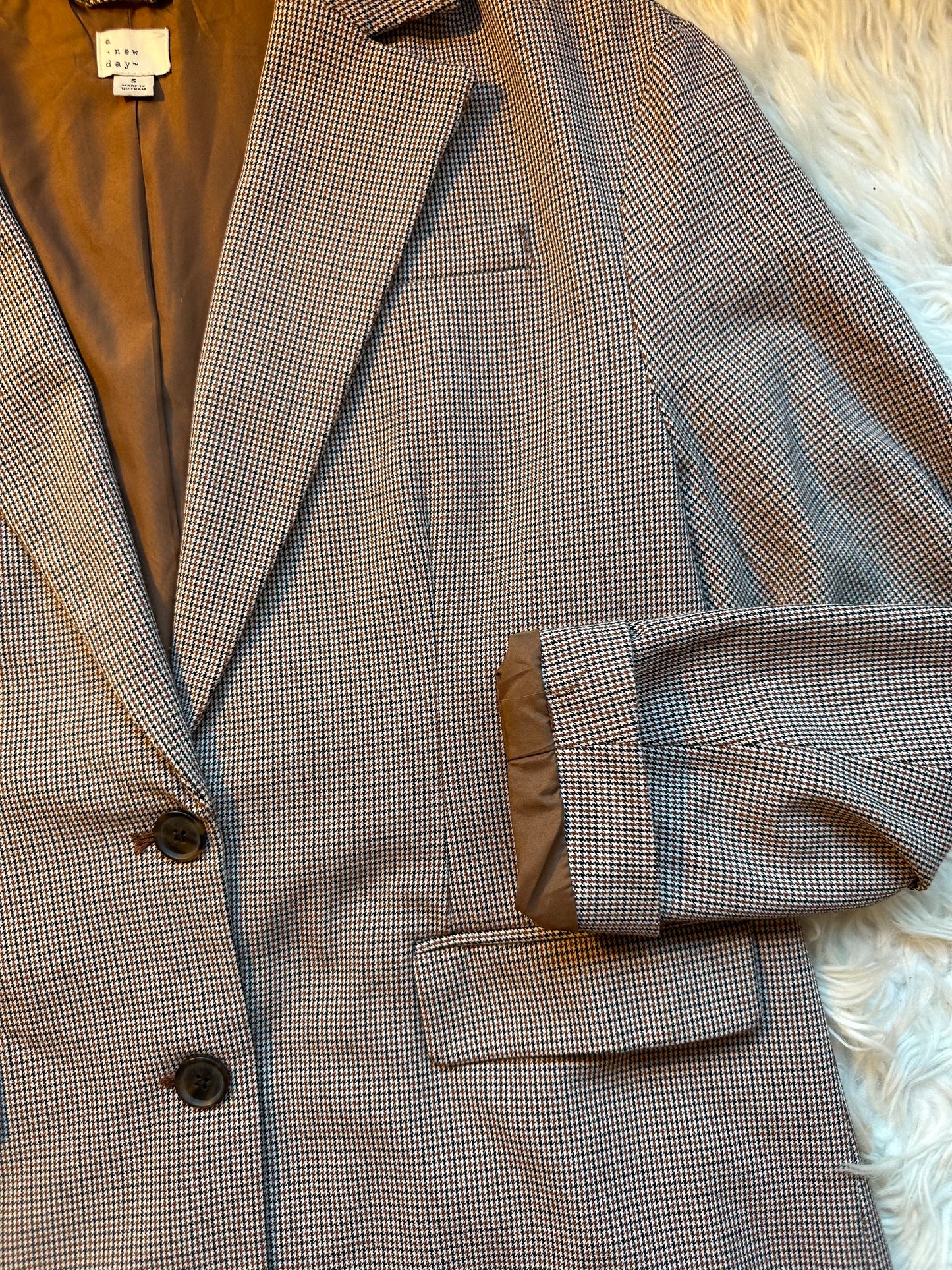 A New Day Houndstooth Blazer Women’s Small Brown Taupe Longline Jacket Lined
