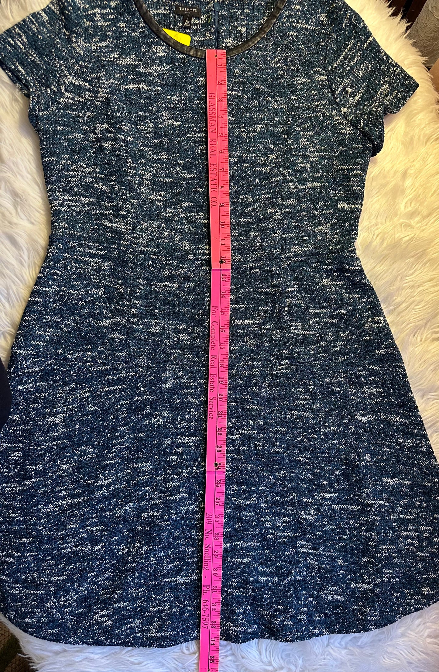 Talbots Blue Tweed Knit Dress Size 16 Faux Leather Trim Short Sleeve Fit & Flare
