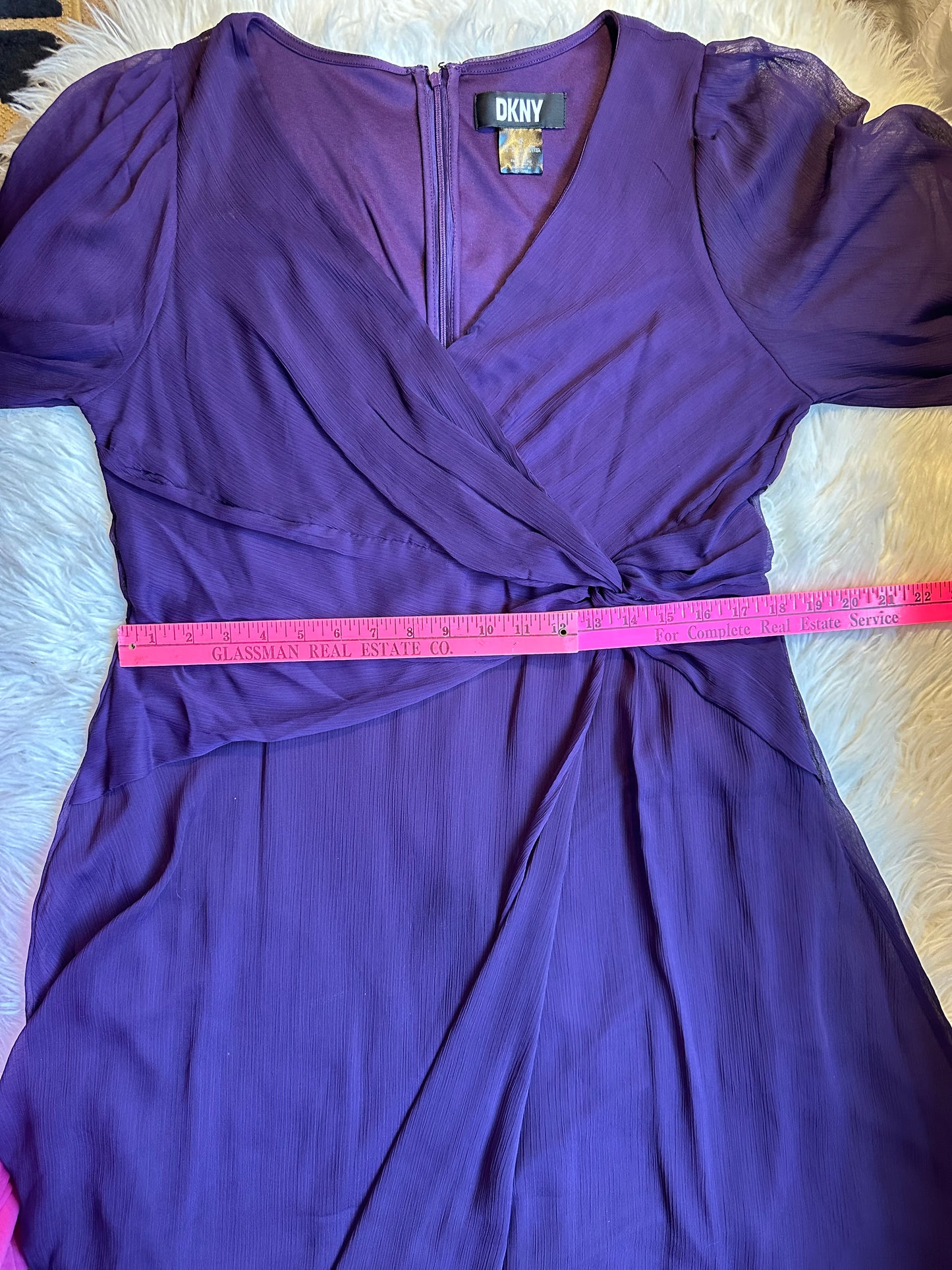 DKNY Purple Chiffon Fit & Flare Midi Dress 3/4 Sleeve Knot Front Sz 14DKNY Purple Chiffon Fit & Flare Midi Dress 3/4 Sleeve Knot Front Sz 14