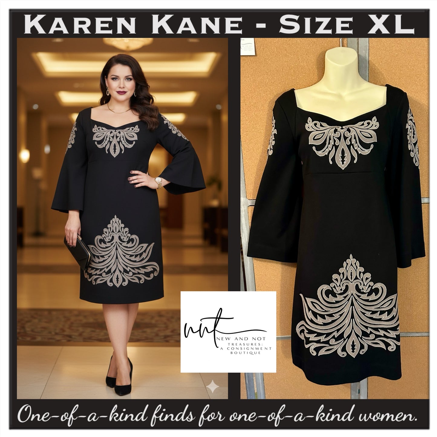 Karen Kane Black Stretch Knit Dress XL Taupe Appliqué Flare Sleeve Cocktail