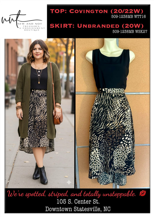 Covington Black Tank & Animal Print Midi Skirt Set Plus 20W EUC Chic Outfit