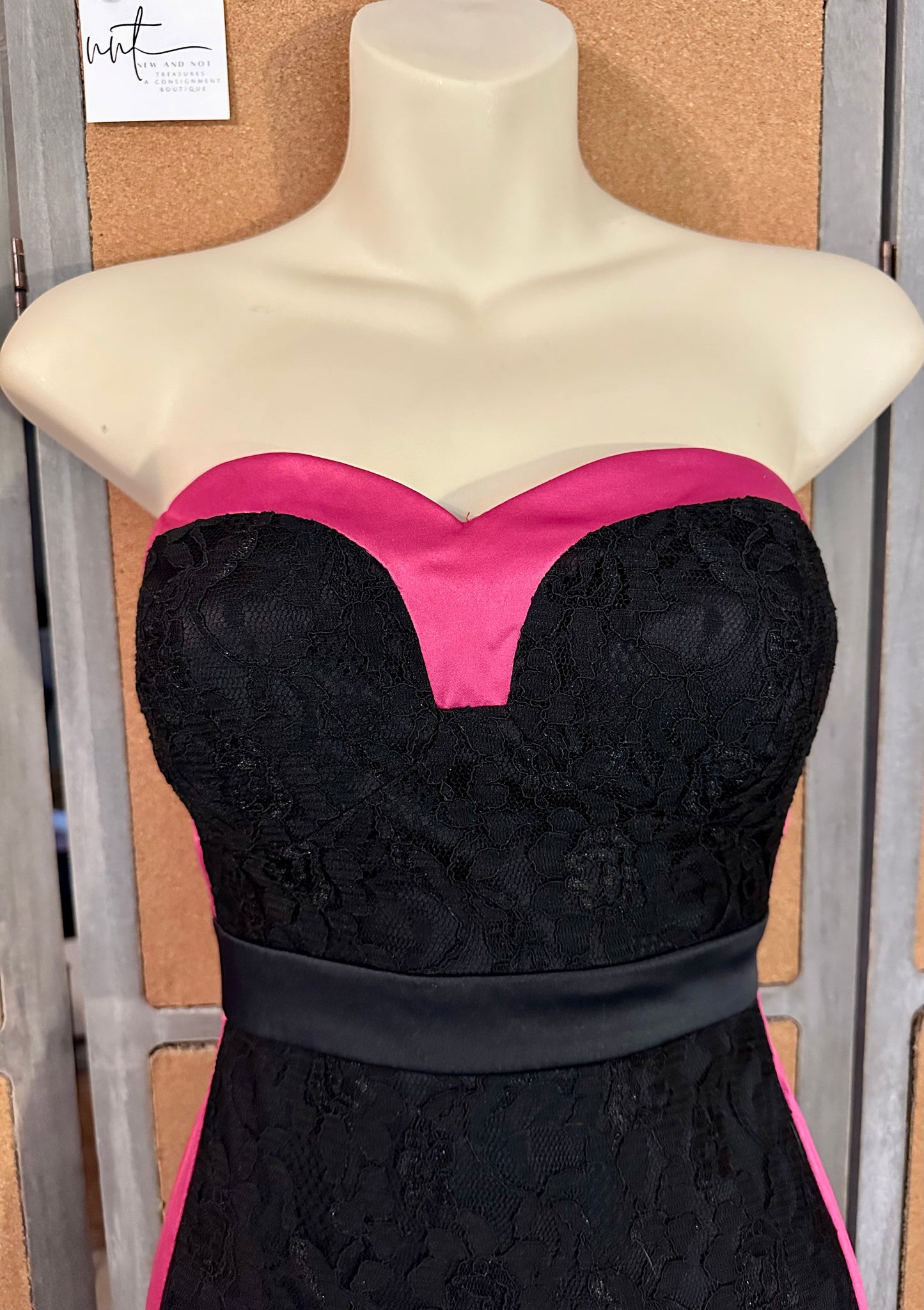 Charlotte Russe Black Lace Strapless Dress w/ Pink Satin Trim – Size Medium