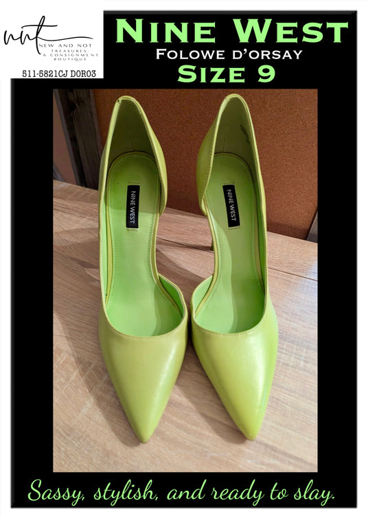 Nine West Folowe D’Orsay Heels Green Apple Pointed Toe Slim Stilettos Size 9