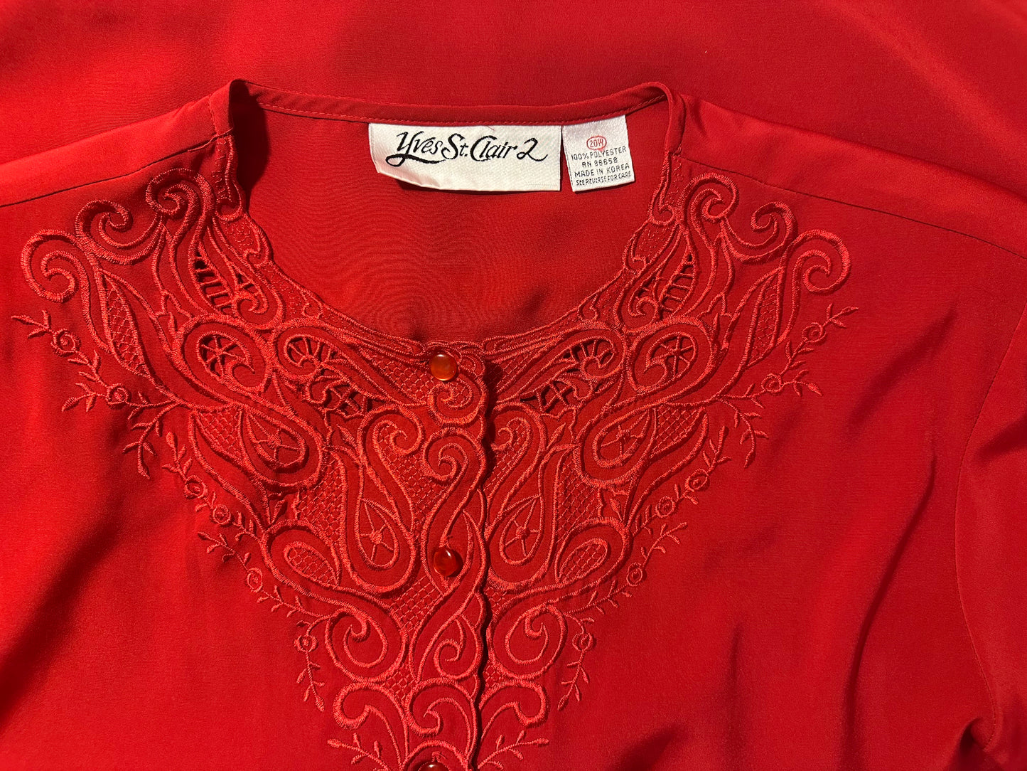 Vintage 80s Yves St. Clair Red Embroidered Blouse Long Sleeve Size 20W Holiday