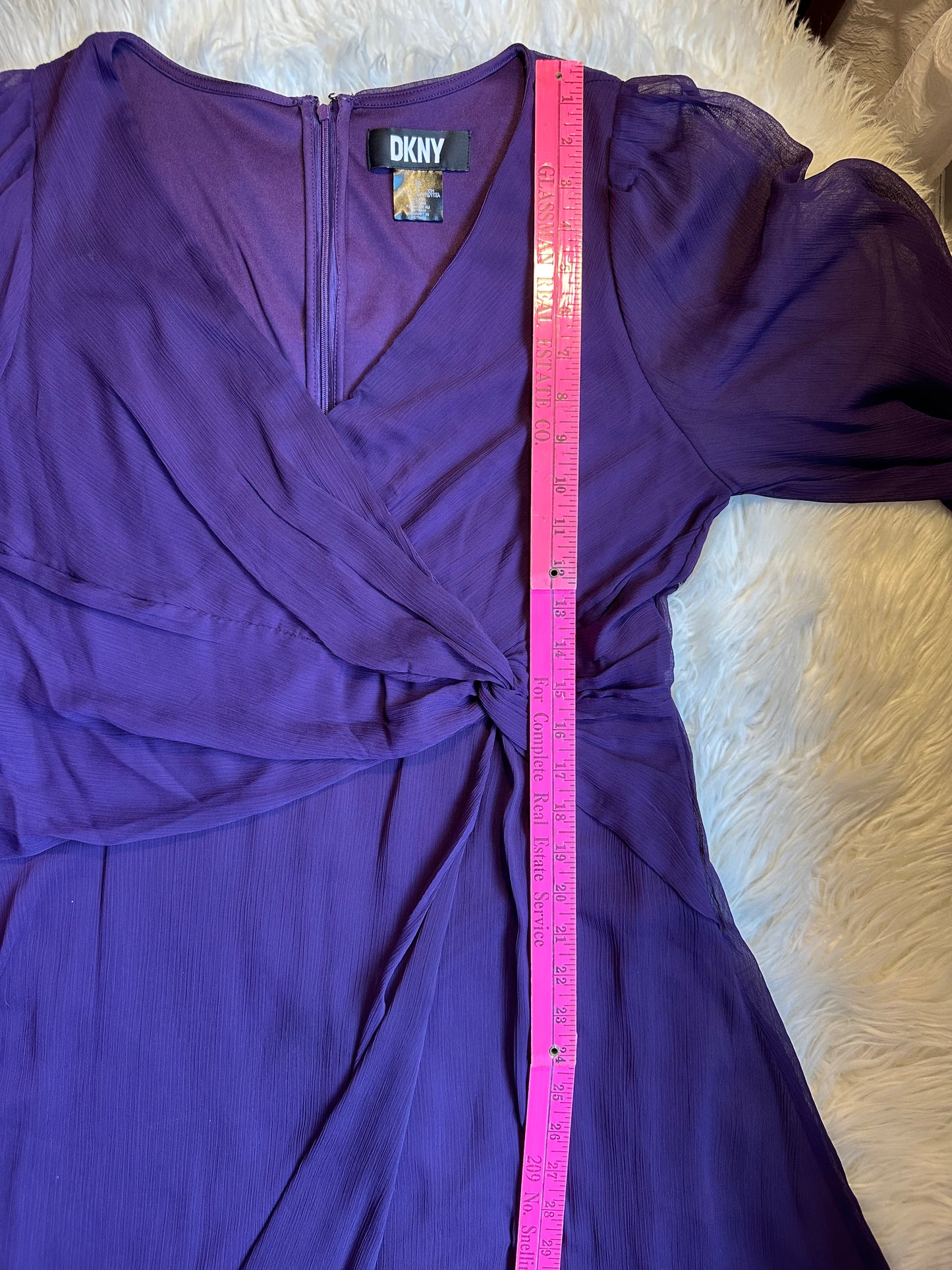 DKNY Purple Chiffon Fit & Flare Midi Dress 3/4 Sleeve Knot Front Sz 14DKNY Purple Chiffon Fit & Flare Midi Dress 3/4 Sleeve Knot Front Sz 14