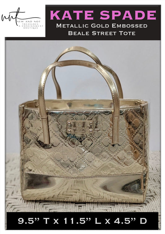 Kate Spade Quinn Beale Street Metallic Gold Embossed Tote Bag Handbag Purse