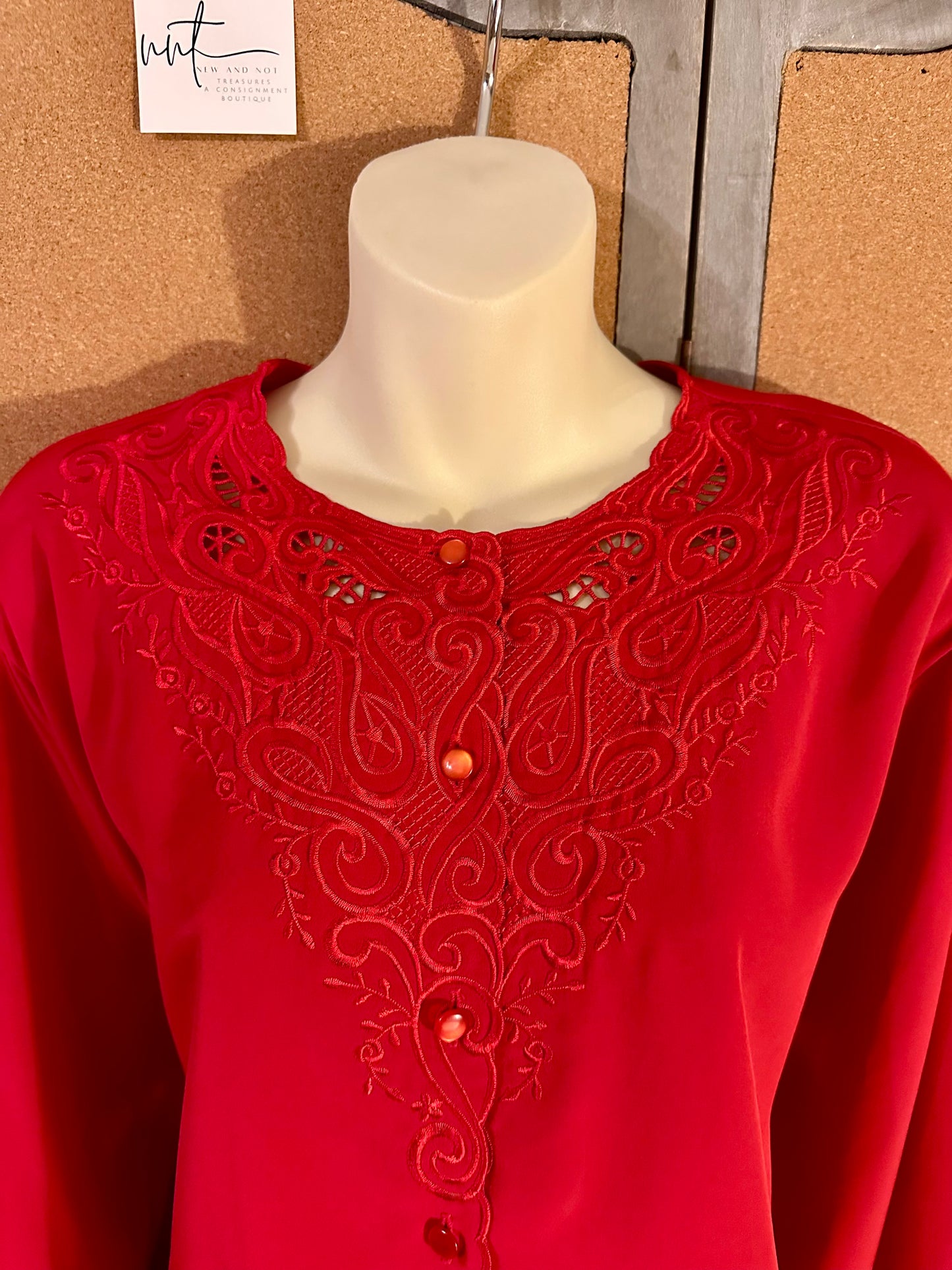 Vintage 80s Yves St. Clair Red Embroidered Blouse Long Sleeve Size 20W Holiday
