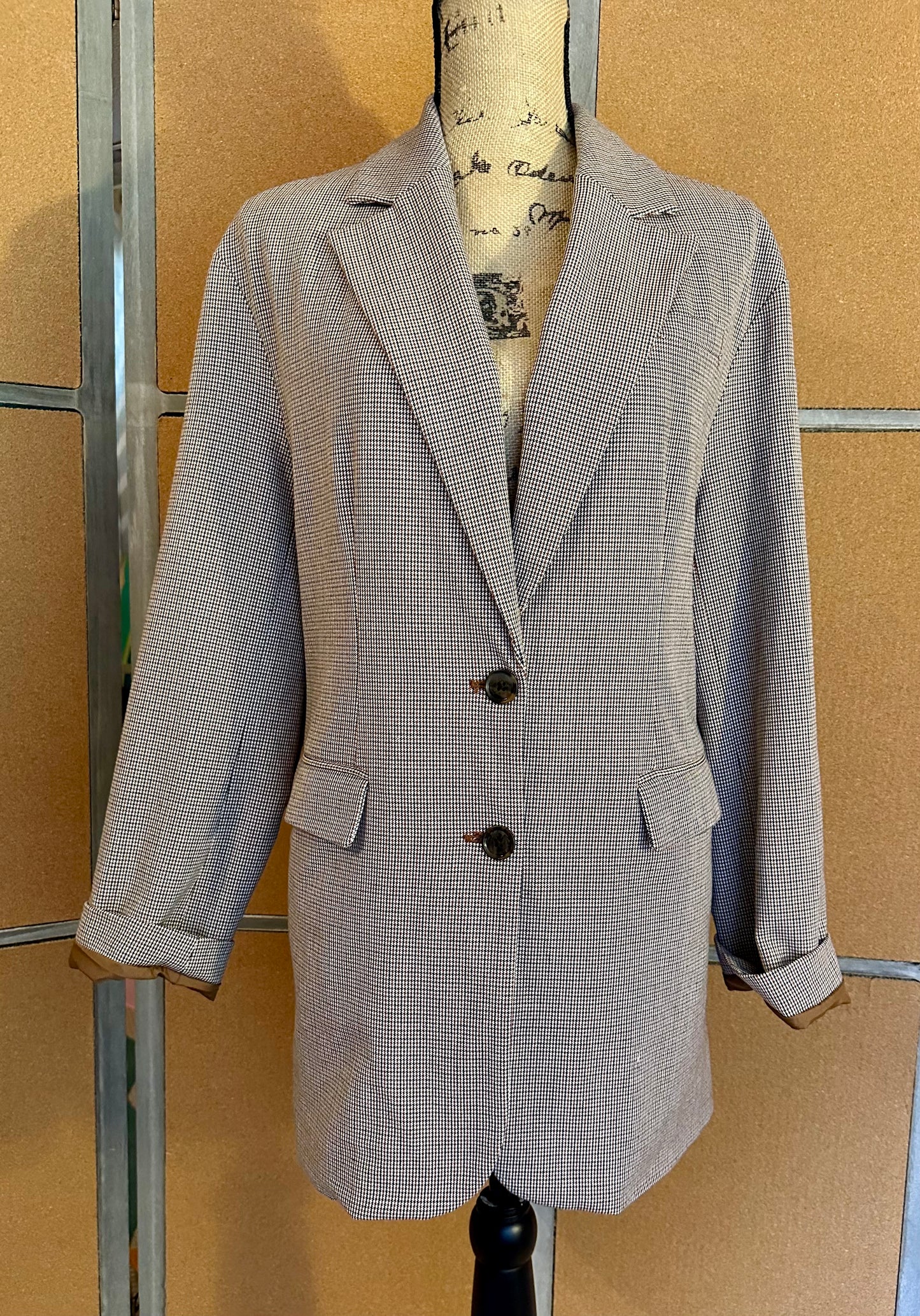 A New Day Houndstooth Blazer Women’s Small Brown Taupe Longline Jacket Lined