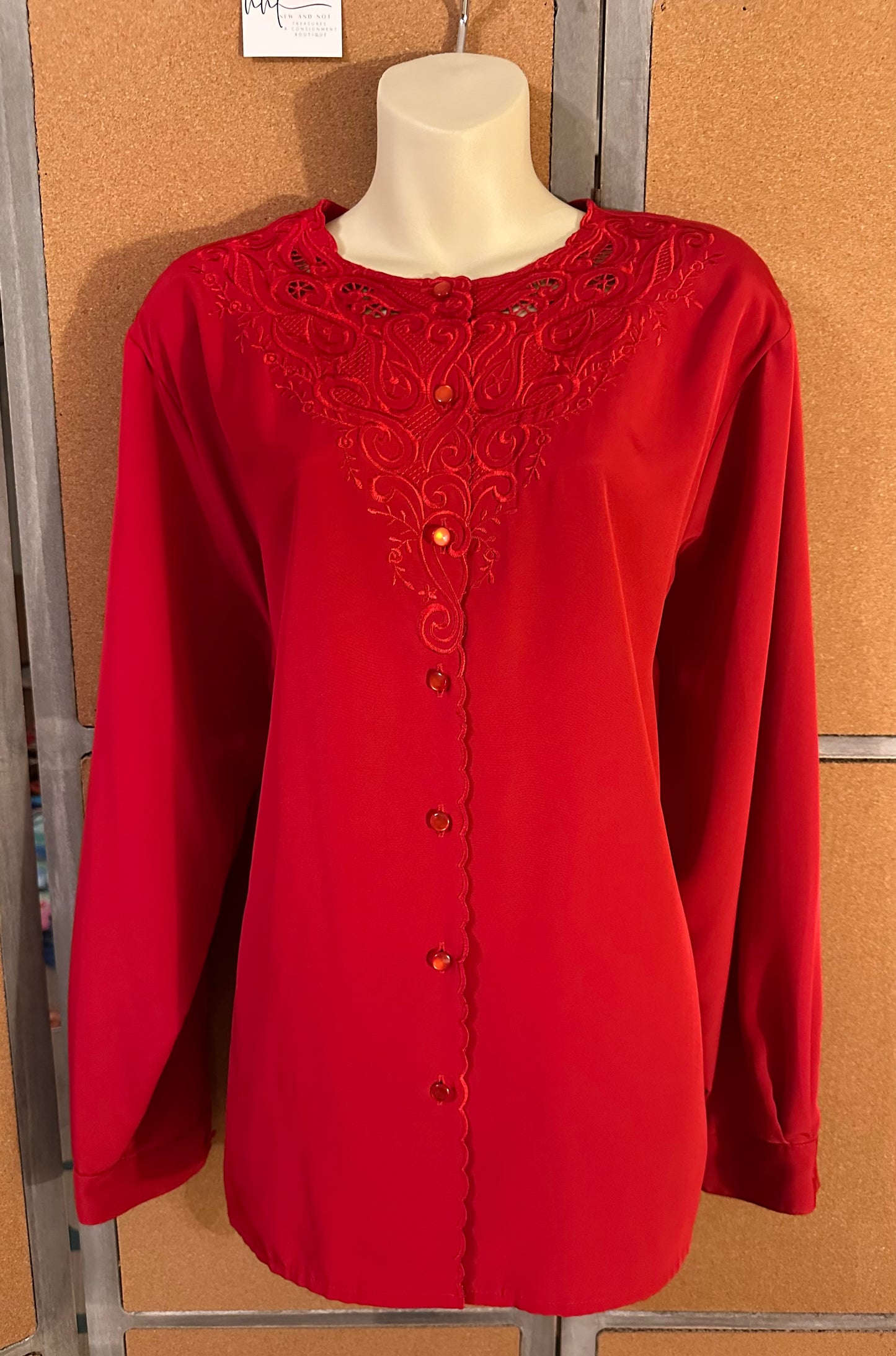 Vintage 80s Yves St. Clair Red Embroidered Blouse Long Sleeve Size 20W Holiday