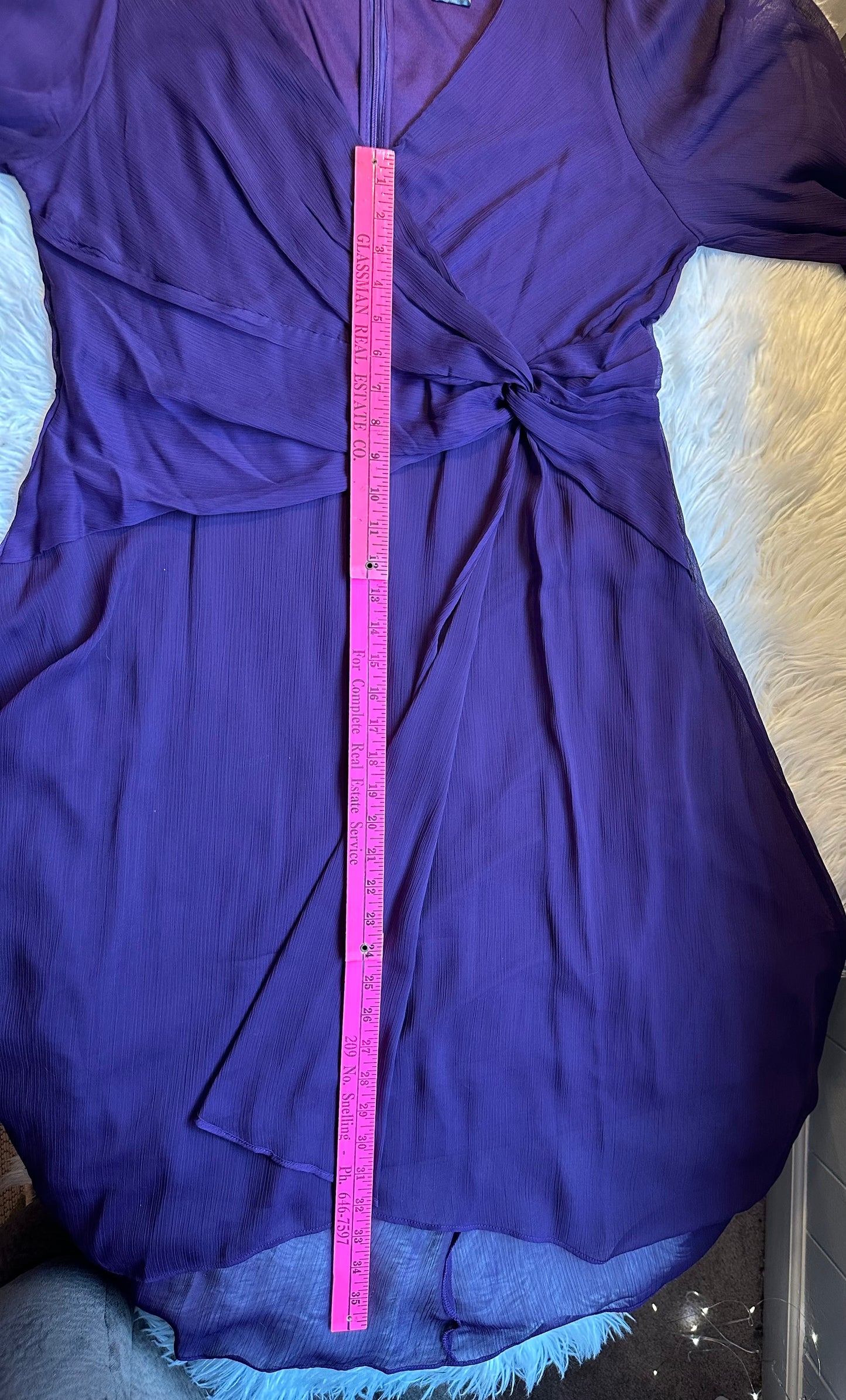 DKNY Purple Chiffon Fit & Flare Midi Dress 3/4 Sleeve Knot Front Sz 14DKNY Purple Chiffon Fit & Flare Midi Dress 3/4 Sleeve Knot Front Sz 14