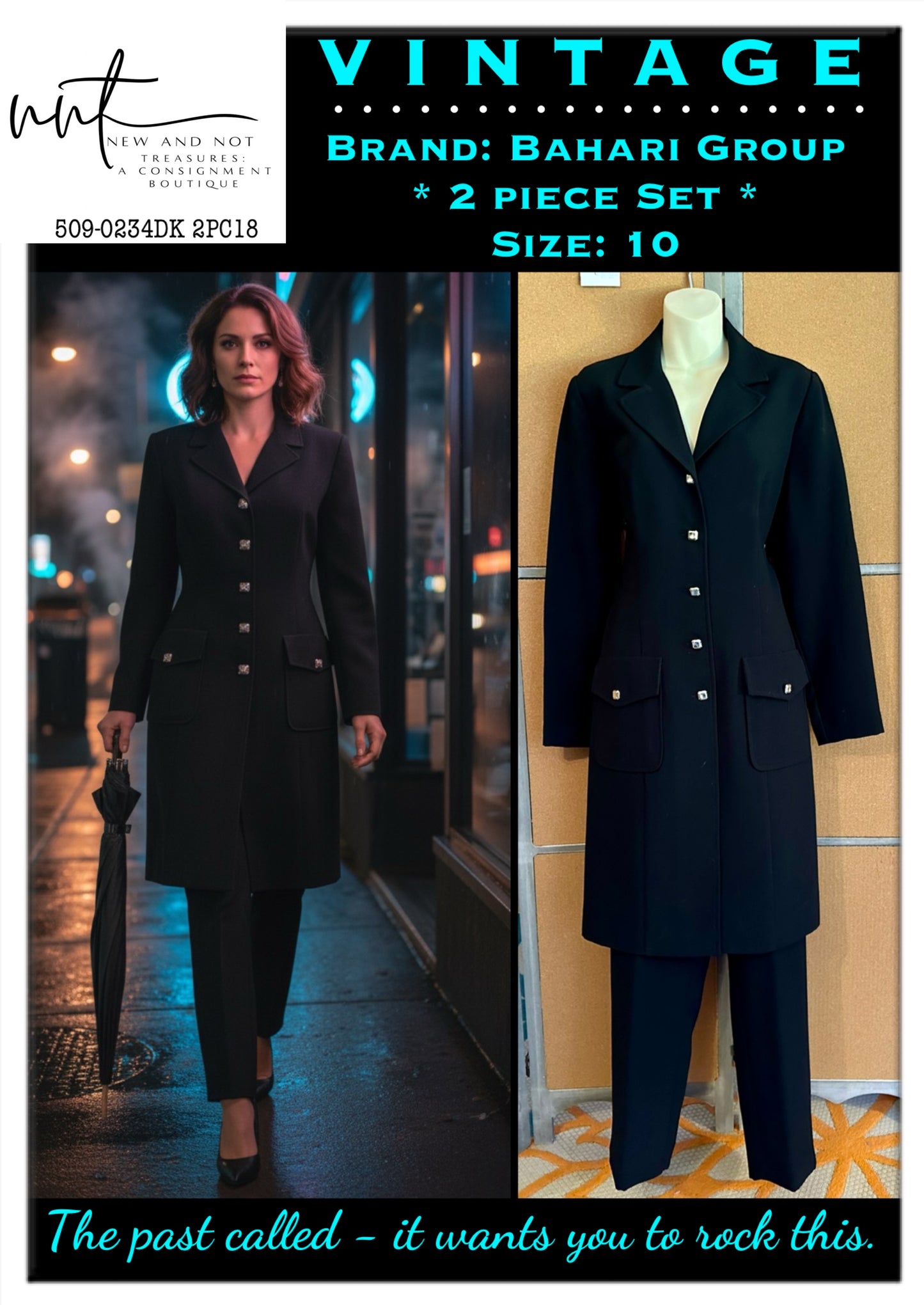 Vintage Bahari Group Black 2-Piece Suit Blazer & Pants Set Size 10 Chain Detail