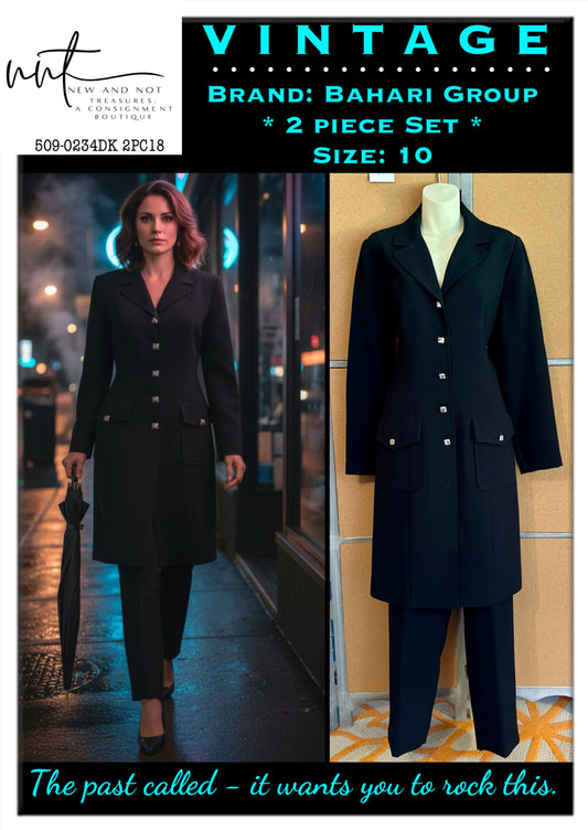 Vintage Bahari Group Black 2-Piece Suit Blazer & Pants Set Size 10 Chain Detail