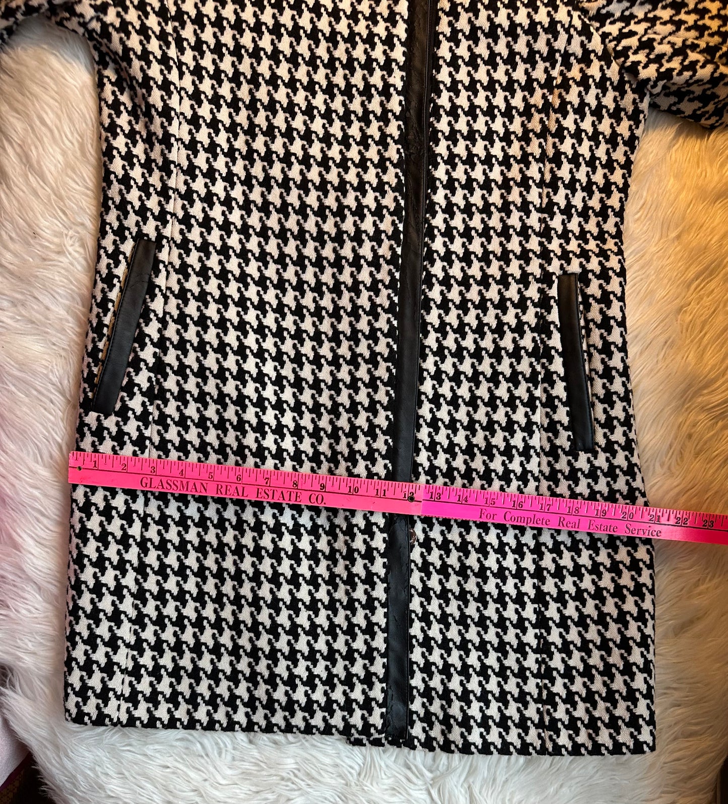 Calvin Klein Black & White Houndstooth Off Center Zip Wool Blend Coat - Size 10