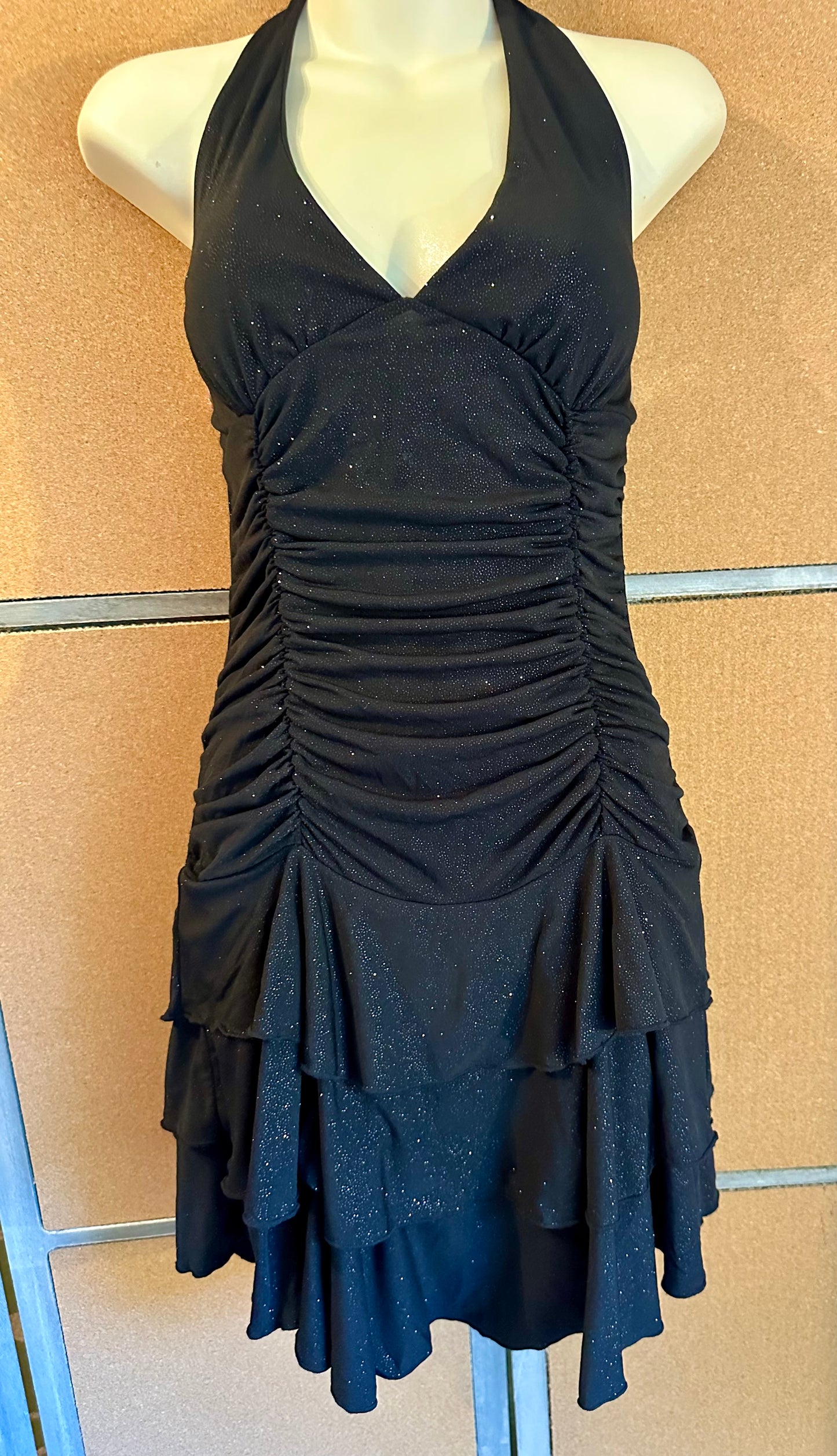 La Belle Vintage Y2K Black Glitter Ruched Halter Tiered Dress Medium Homecoming