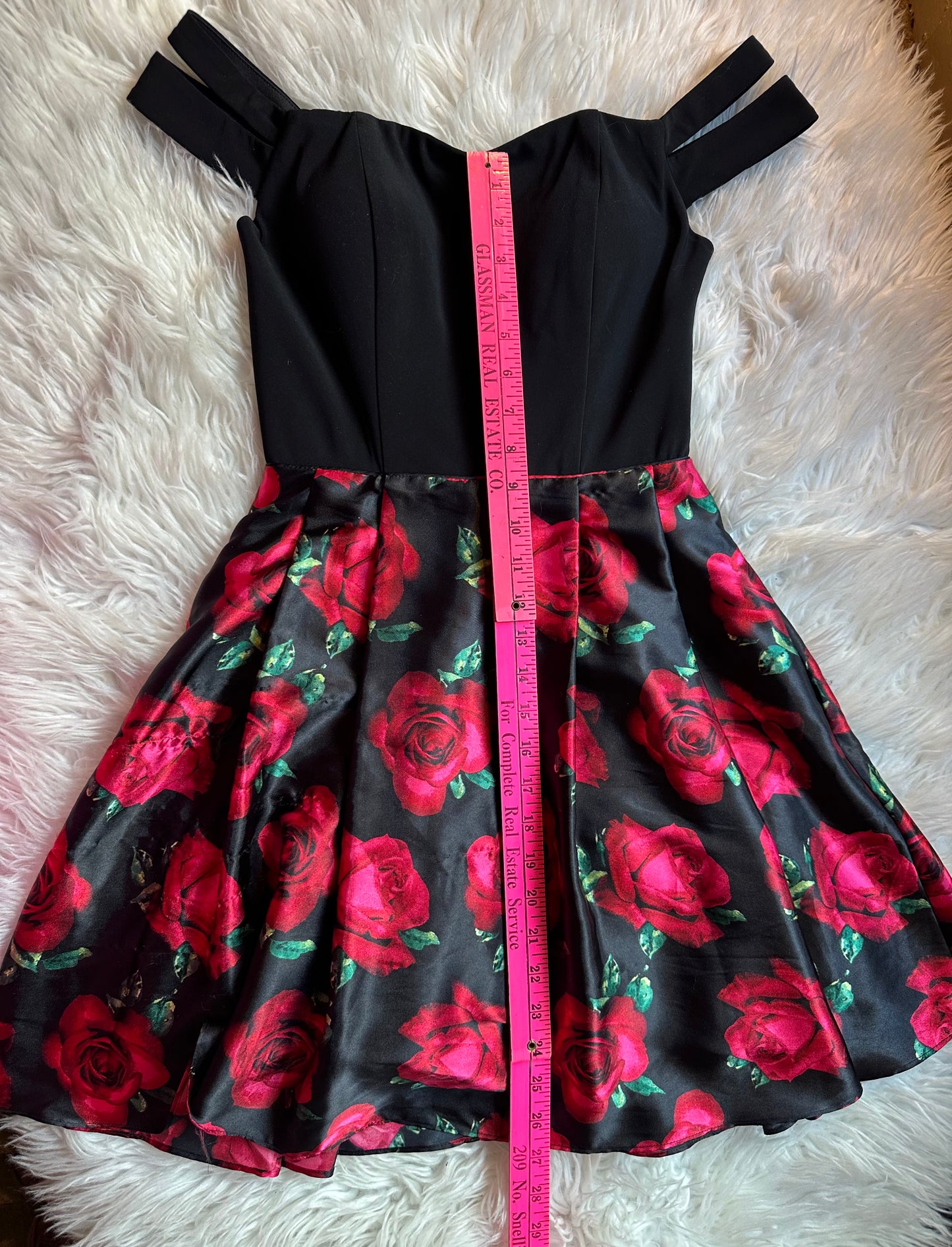 Blondie Nites Black Red Rose Charmeuse Off Shoulder Fit & Flare Dress Size 0