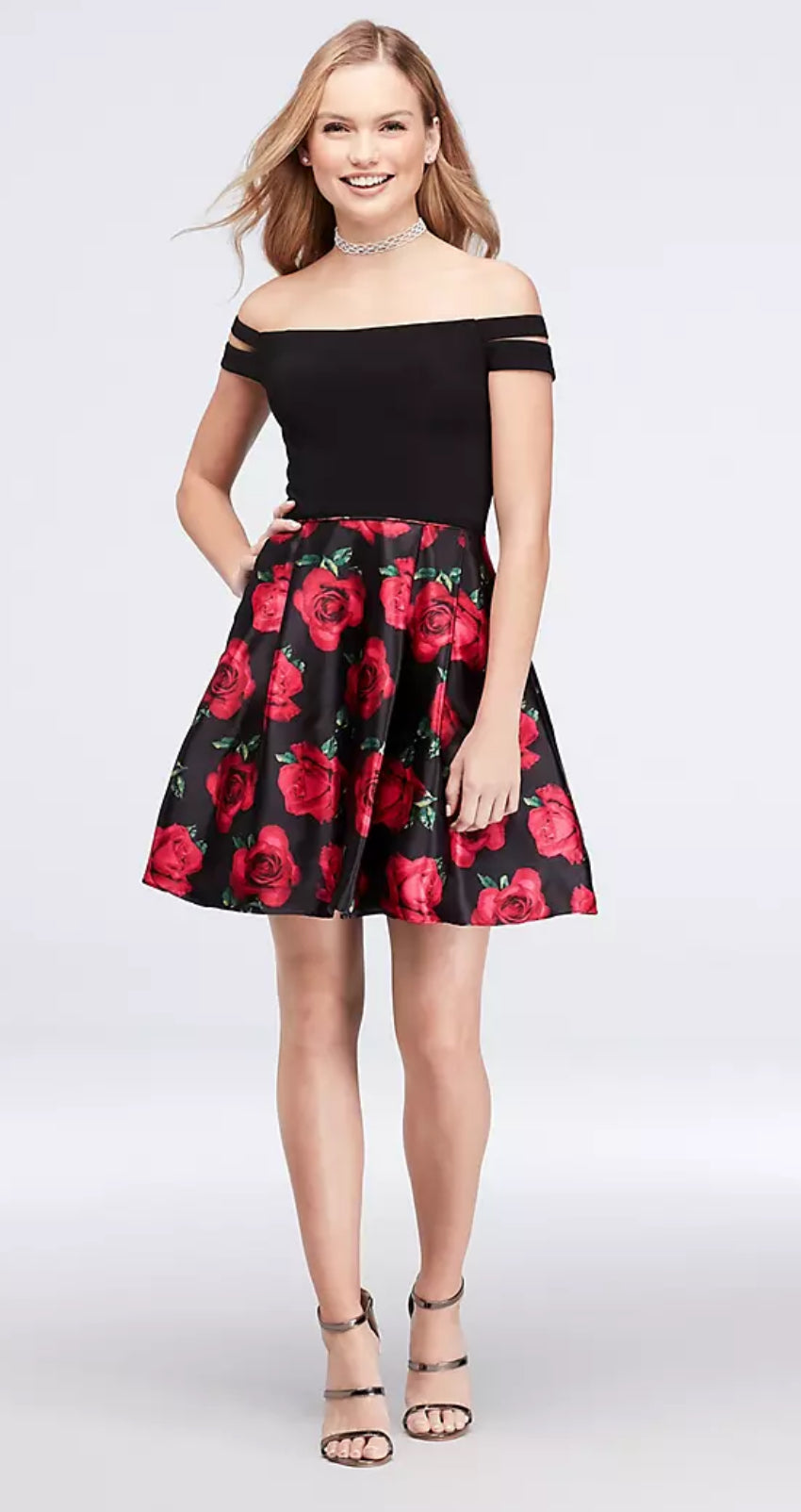 Blondie Nites Black Red Rose Charmeuse Off Shoulder Fit & Flare Dress Size 0