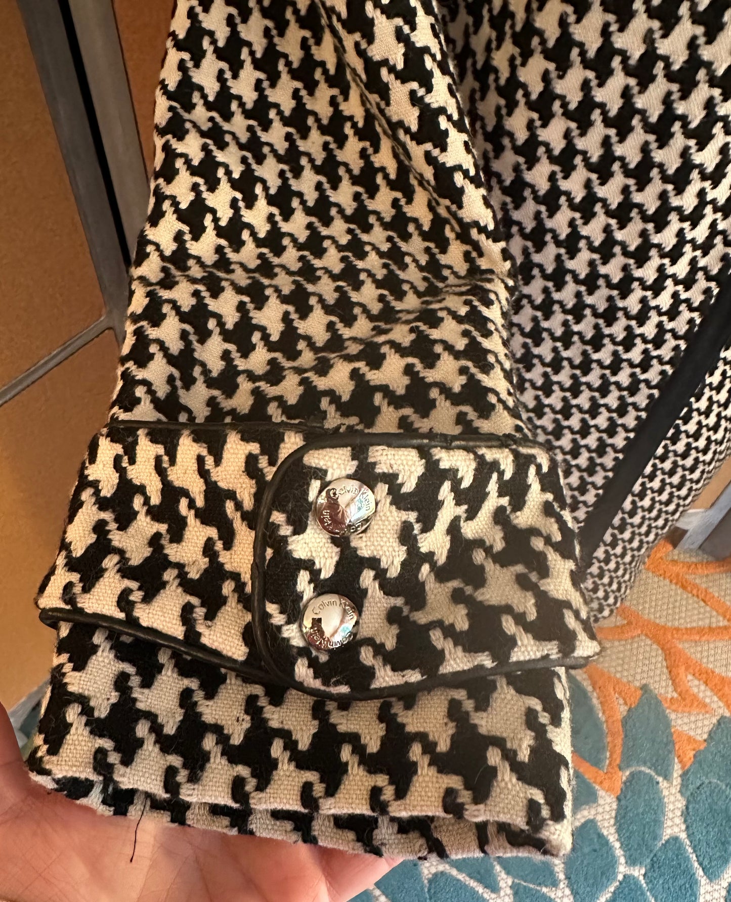 Calvin Klein Black & White Houndstooth Off Center Zip Wool Blend Coat - Size 10