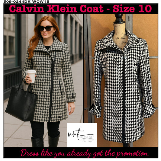 Calvin Klein Black & White Houndstooth Off Center Zip Wool Blend Coat - Size 10
