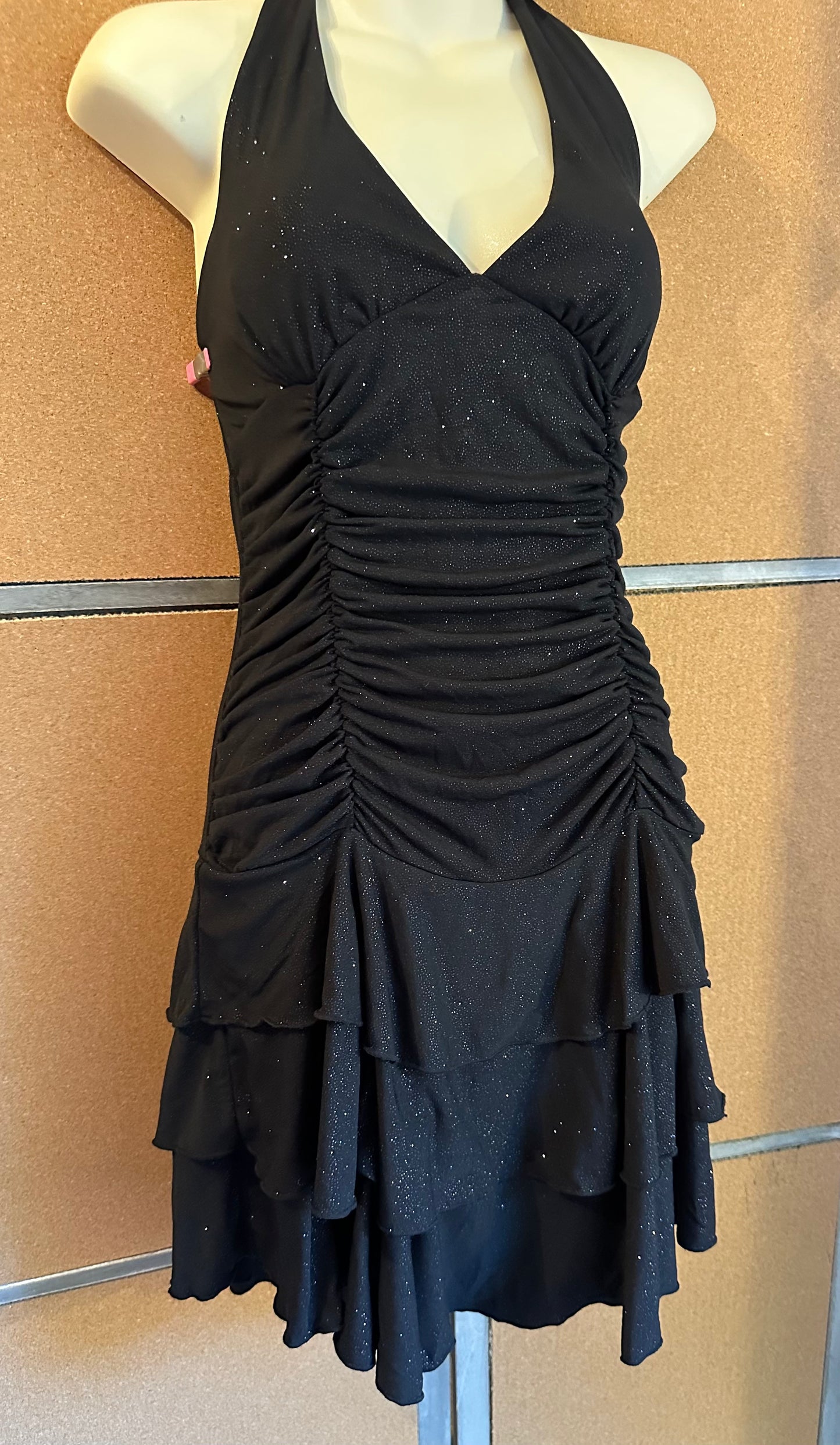 La Belle Vintage Y2K Black Glitter Ruched Halter Tiered Dress Medium Homecoming
