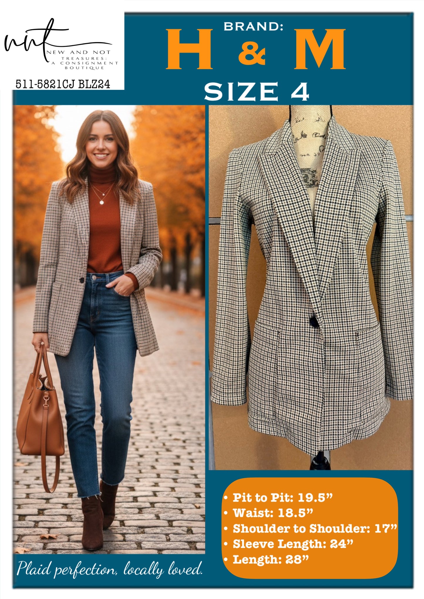 H&M Brown Black Houndstooth Stretch Knit Blazer One Button Unlined Size 4