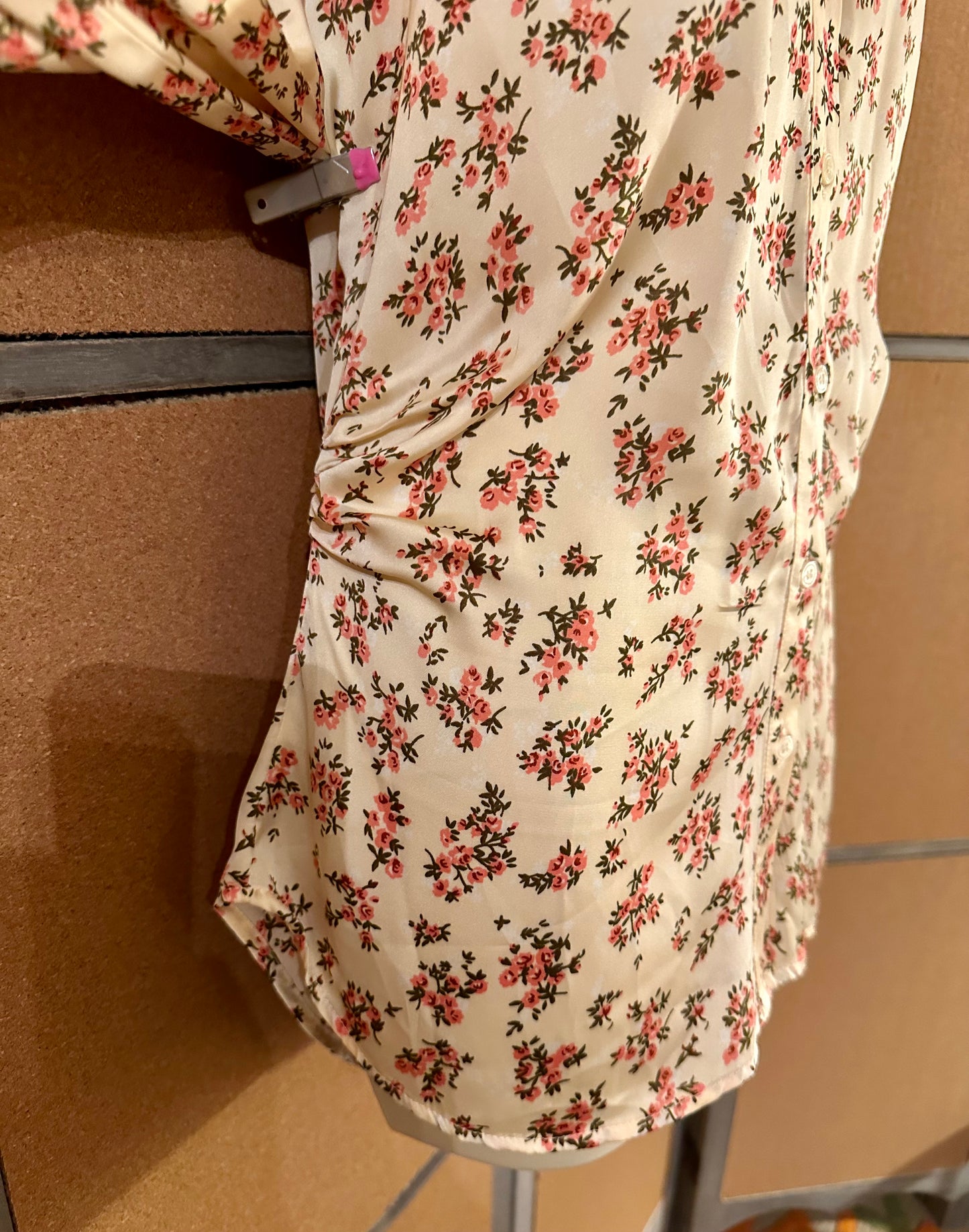 ZARA NWT Floral Satin Blouse Cream Pink Print Long Cuff Ruched Sides Size Large