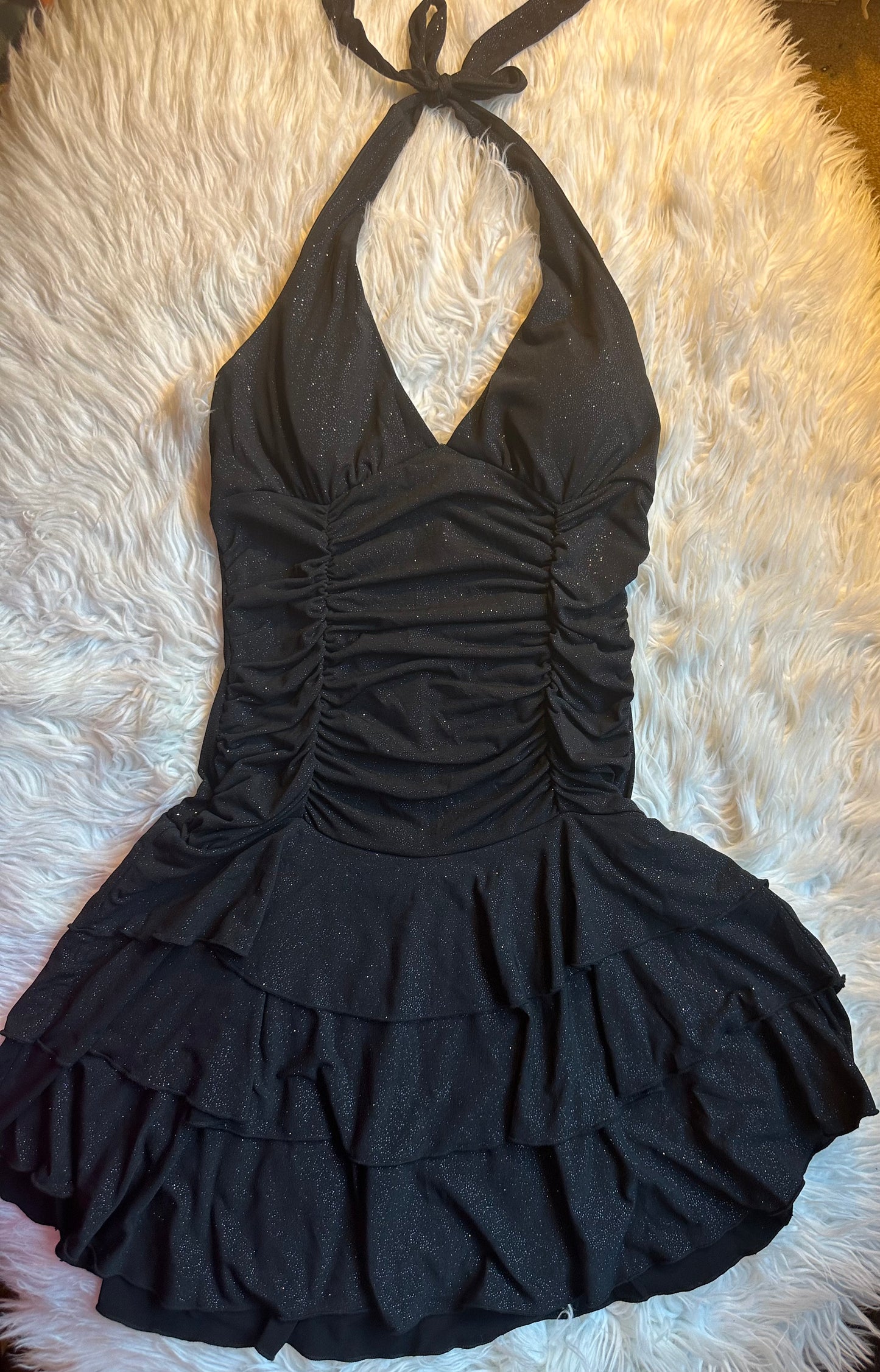 La Belle Vintage Y2K Black Glitter Ruched Halter Tiered Dress Medium Homecoming