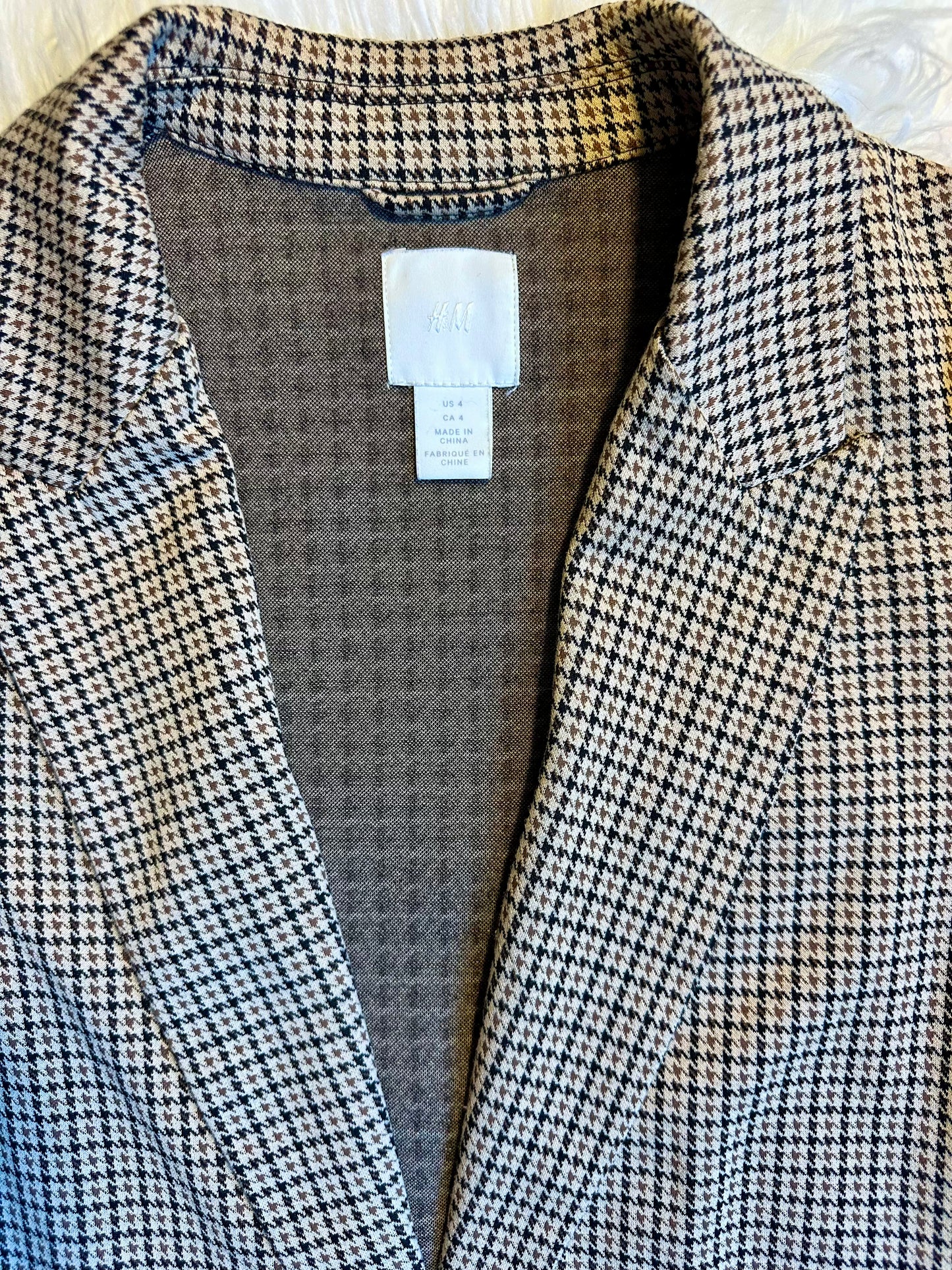 H&M Brown Black Houndstooth Stretch Knit Blazer One Button Unlined Size 4