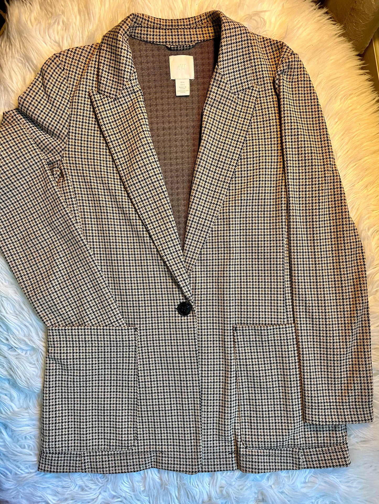 A New Day Houndstooth Blazer Women’s Small Brown Taupe Longline Jacket Lined