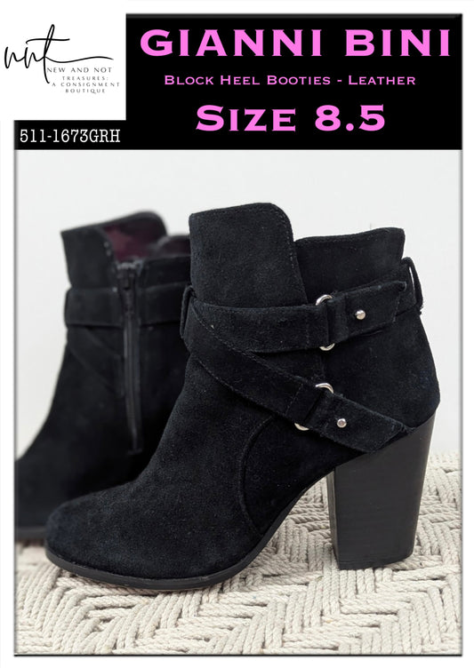 GIANNI BINI Black Suede Buckle Strap Block Heel Ankle Zip Booties Women’s 8.5