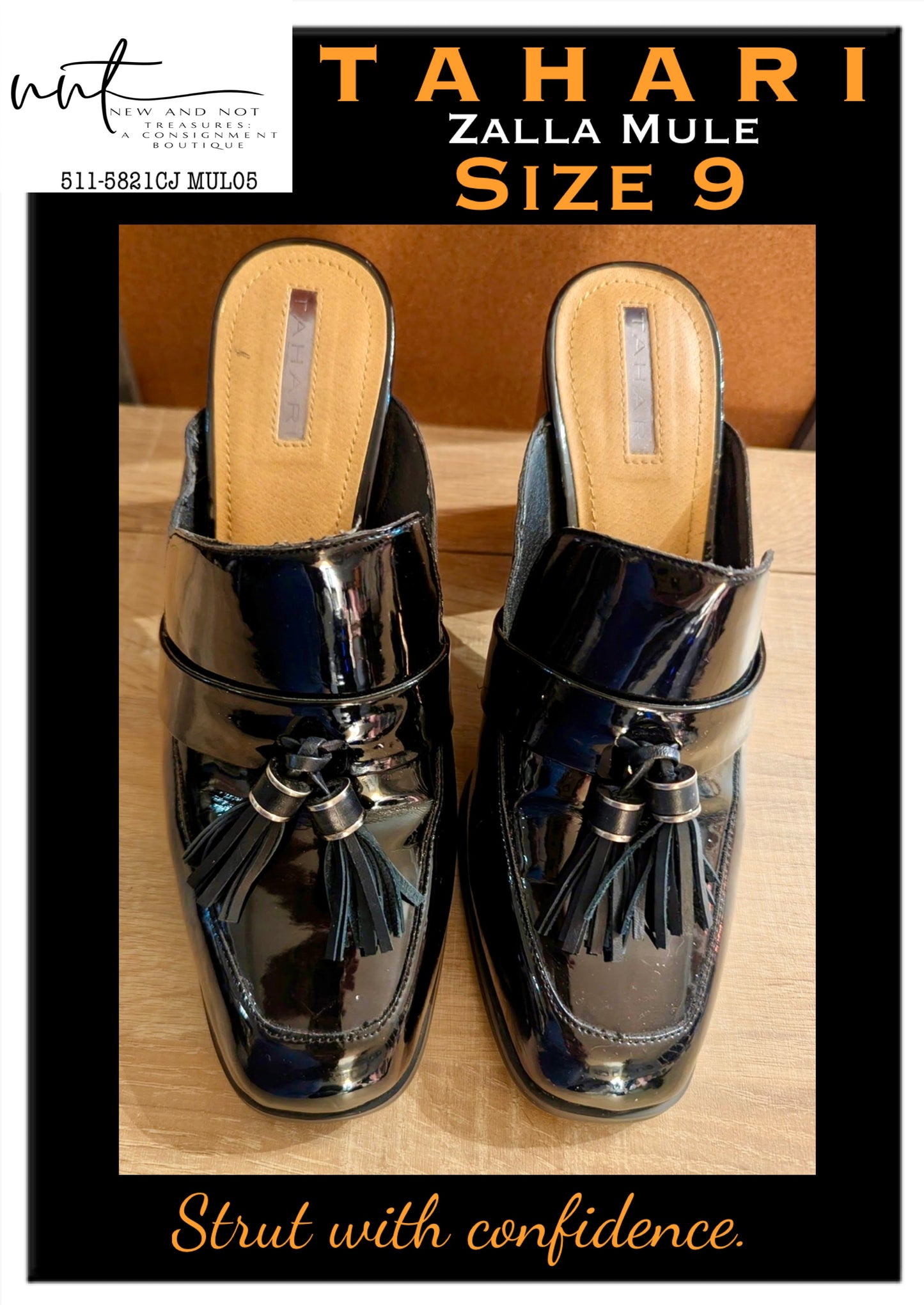 Tahari Zalla Black Patent Tassel Mules Slip-On Block Heel Loafers Size 9 EUC