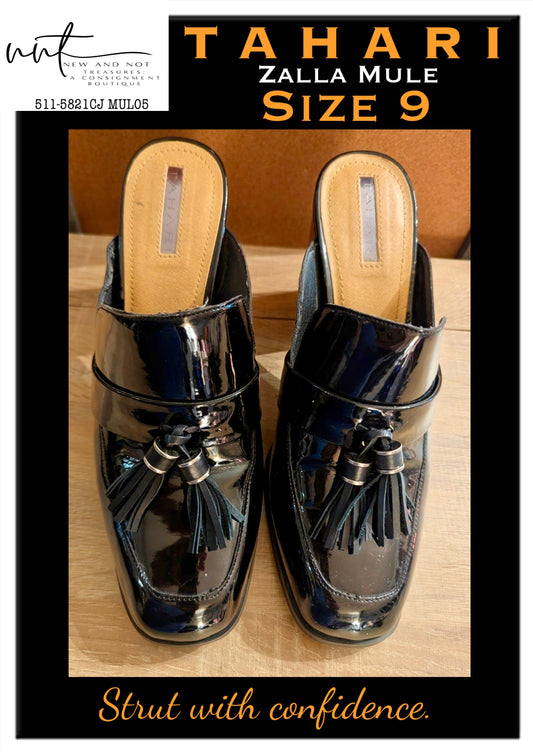 Tahari Zalla Black Patent Tassel Mules Slip-On Block Heel Loafers Size 9 EUC
