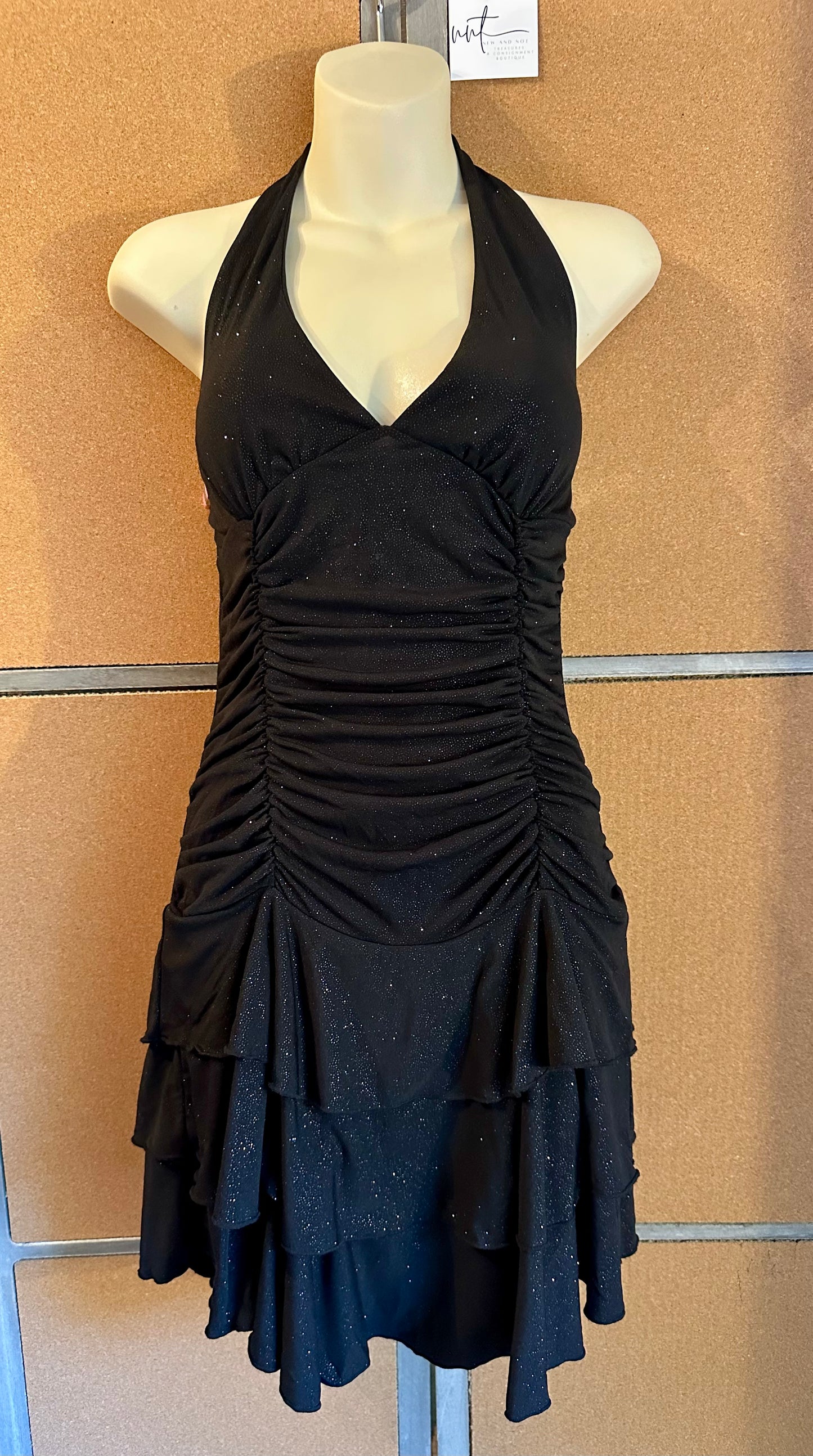 La Belle Vintage Y2K Black Glitter Ruched Halter Tiered Dress Medium Homecoming