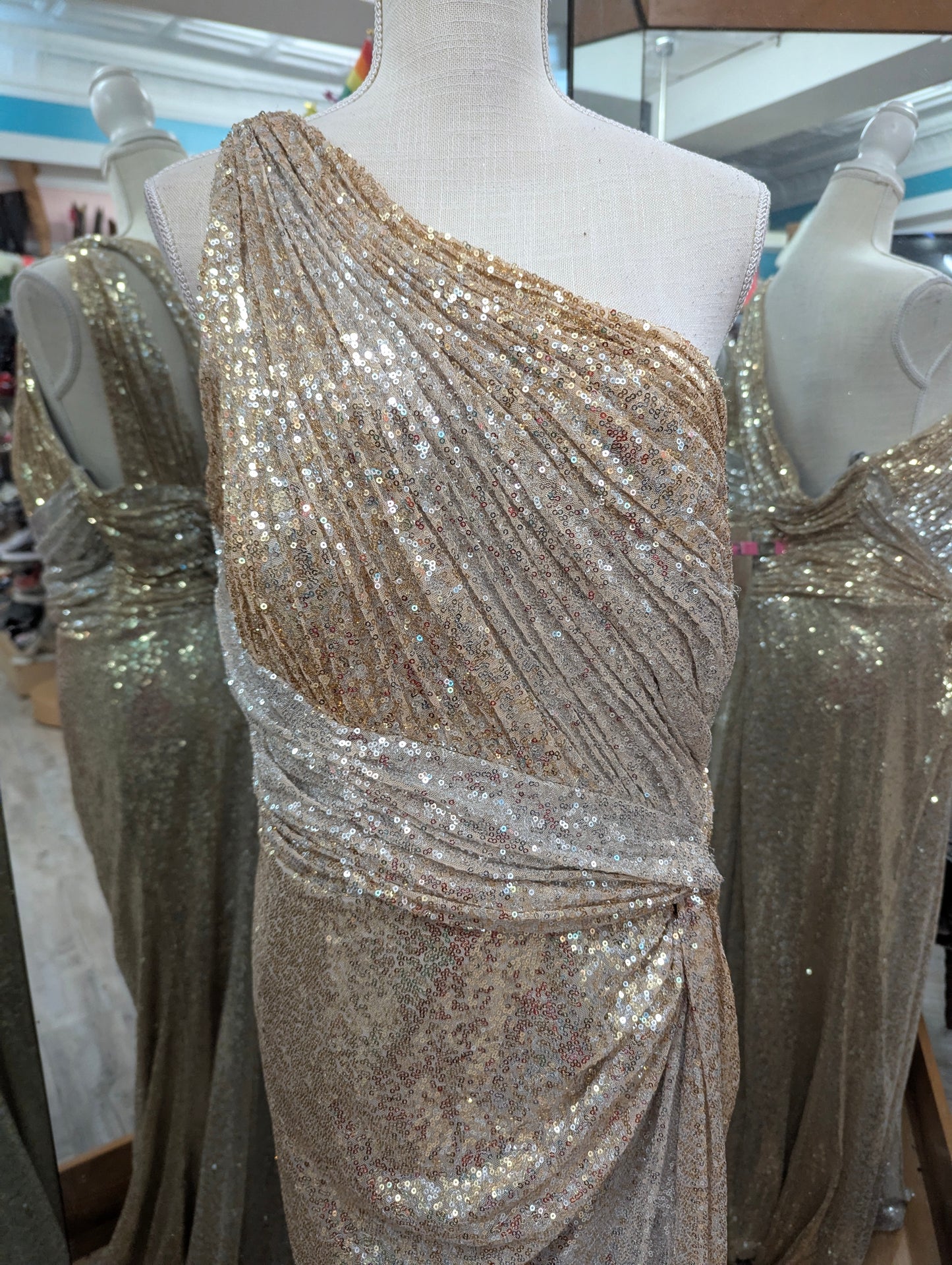Rene Ruiz Gold and Silver Ombre One Shoulder Gown in 18