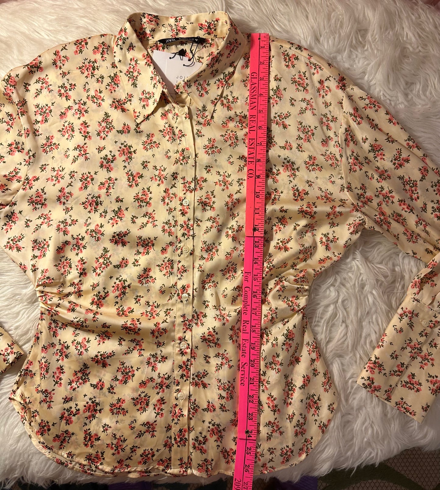 ZARA NWT Floral Satin Blouse Cream Pink Print Long Cuff Ruched Sides Size Large